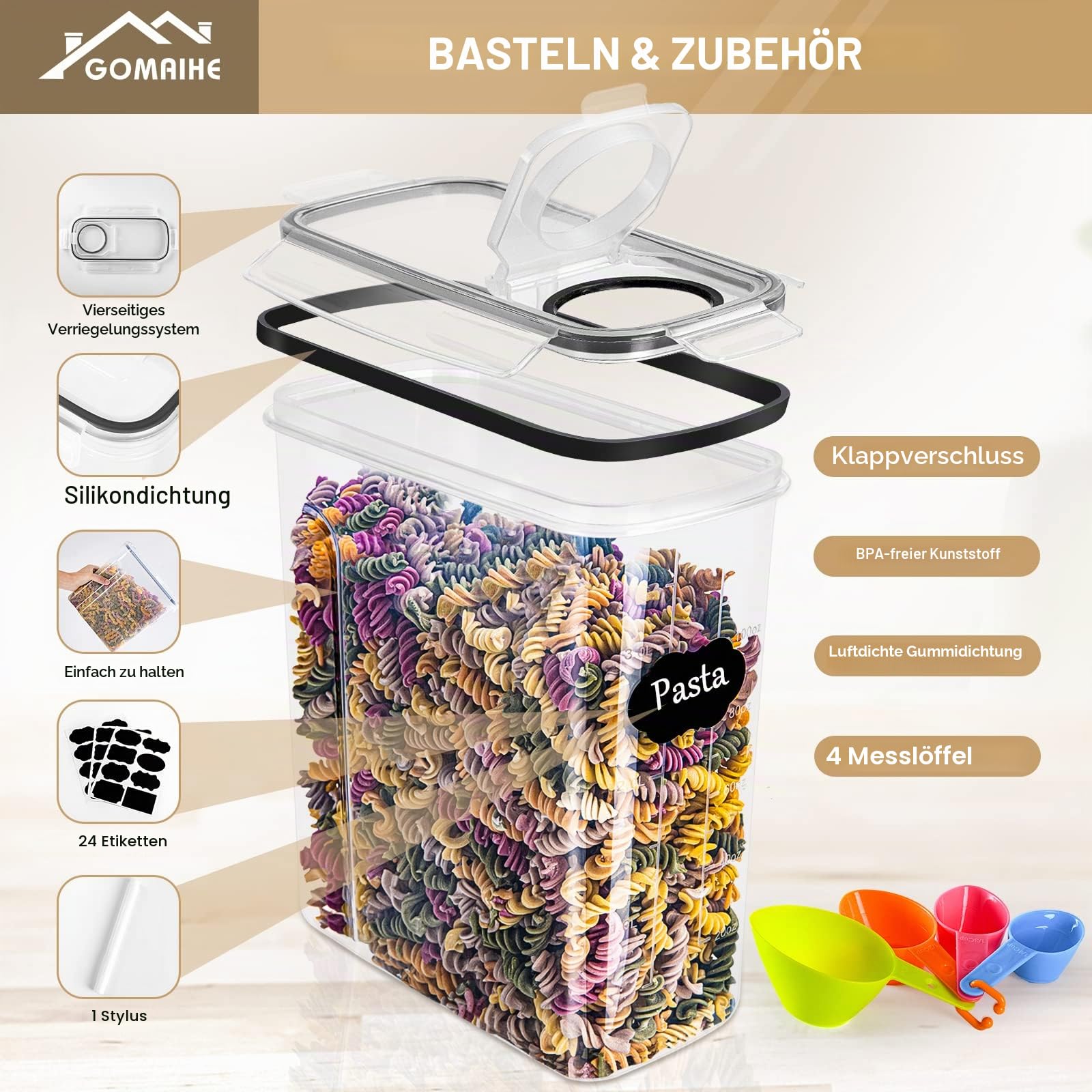 GoMaihe 4L Vorratsdosen 6 Set, Aufbewahrungsbox Küche Luftdicht Behälter aus Plastik Mit Deckel, Vorratsgläser zur Aufbewahrung von Nudeln, Müsli, Reis, Mehl, und für Futter Haustiere, MEHRWEG
