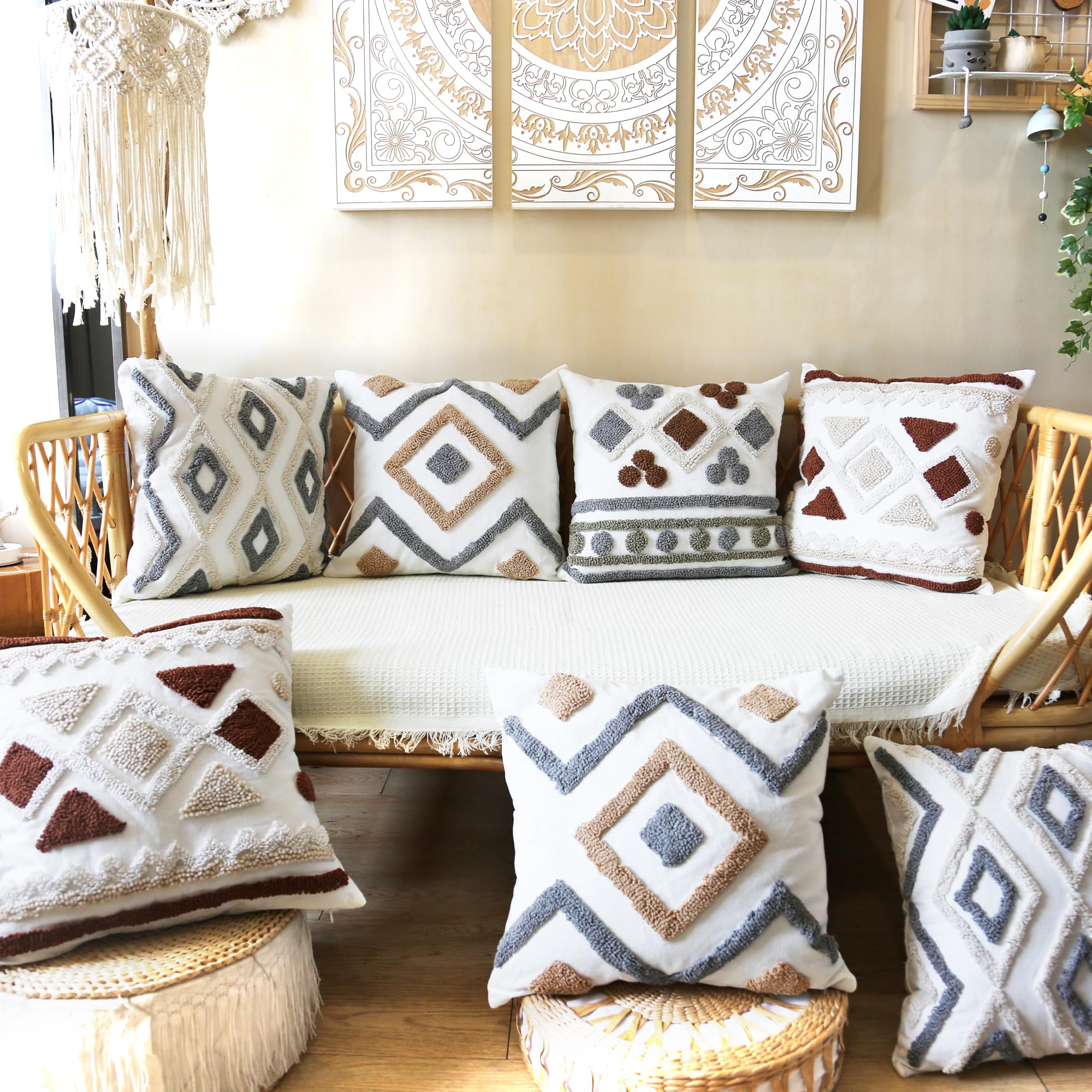 2 federe per cuscini ricamate in stile bohémien, bianco, grigio, marrone, per divano, casa colonica, lussuose federe per cuscini in stile shabby bohémien, 45 x 45 cm