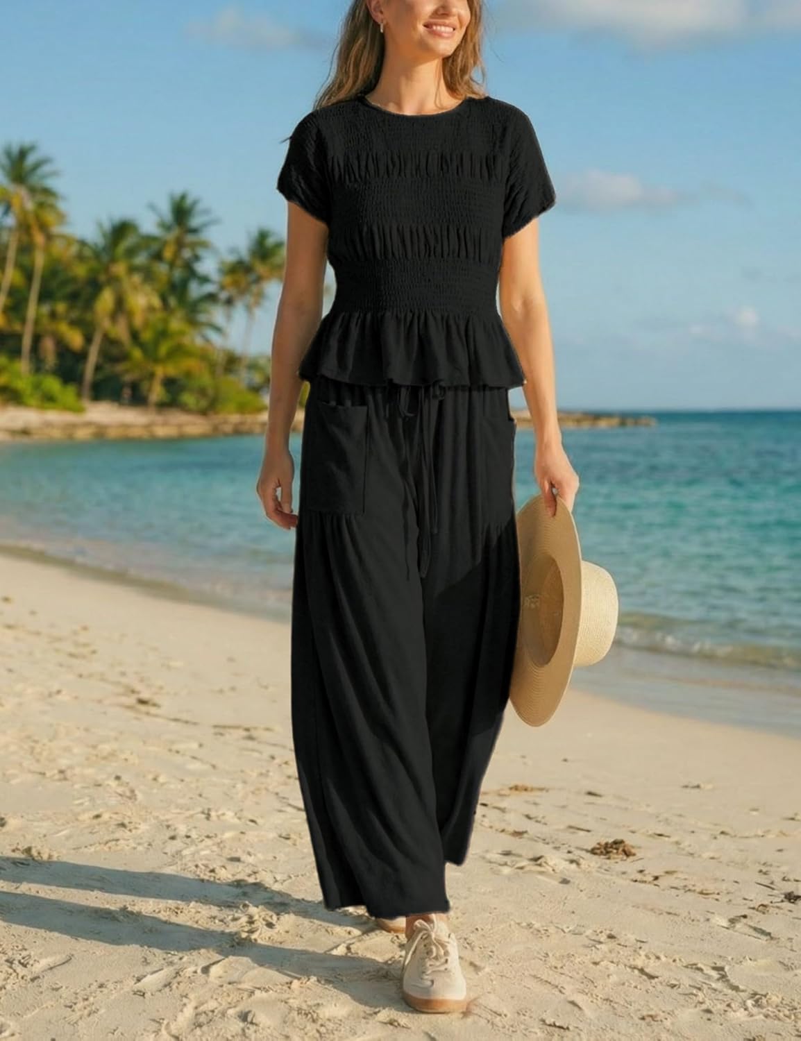 Womens 2 Piece Smocked Top Wide-Leg Pants Set High-Waisted Lounge Outfit with Pockets Casual Boho Matching Set - Image 3