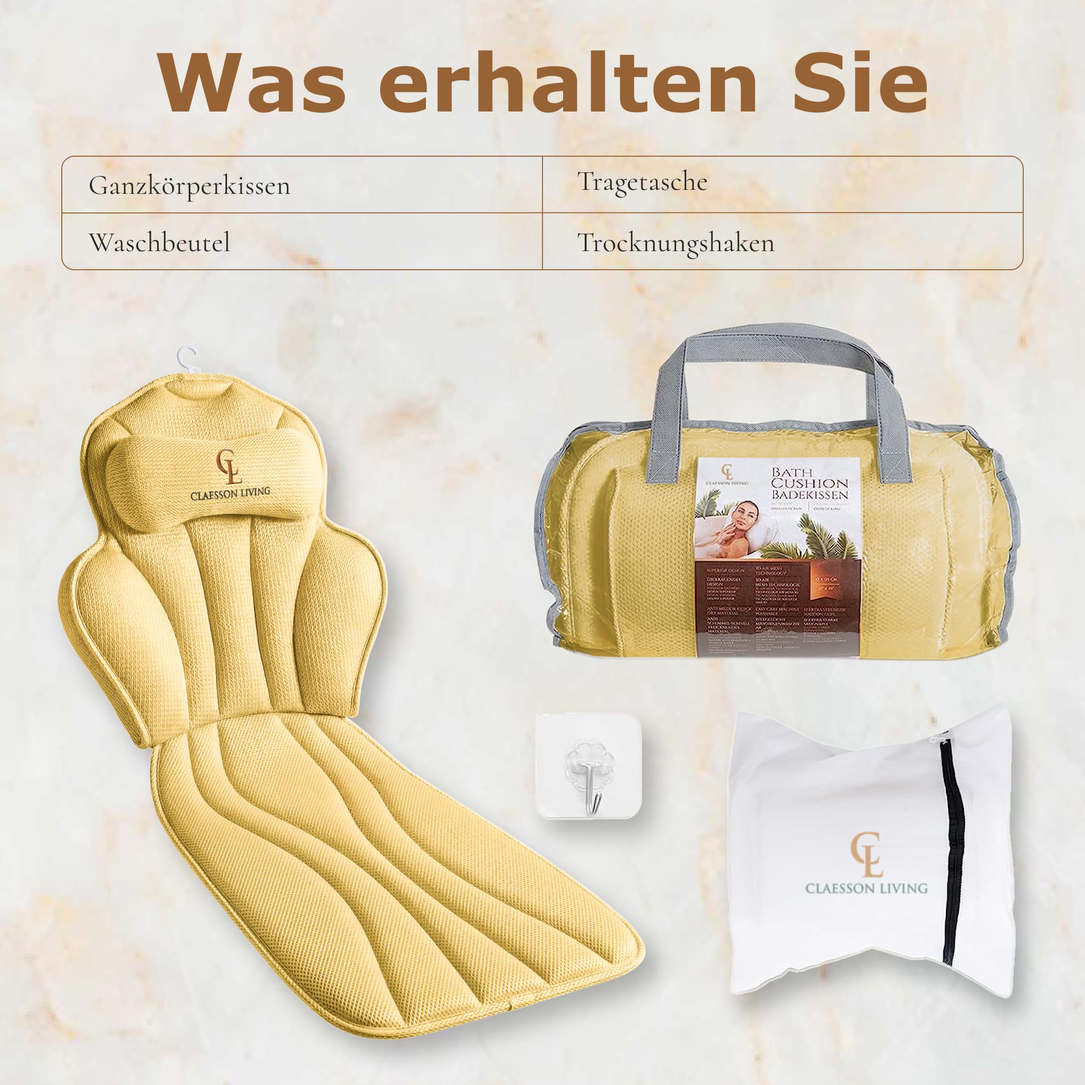 Badewannenkissen Ganzkörper Badekissen (152x56cm) - Badewannenmatte mit Kopfstütze (11cm) unterstützt Nacken, Rücken und Beine - Mit Wasch- und Reisebeutel und einem Hängehaken für Trocknen - Sand