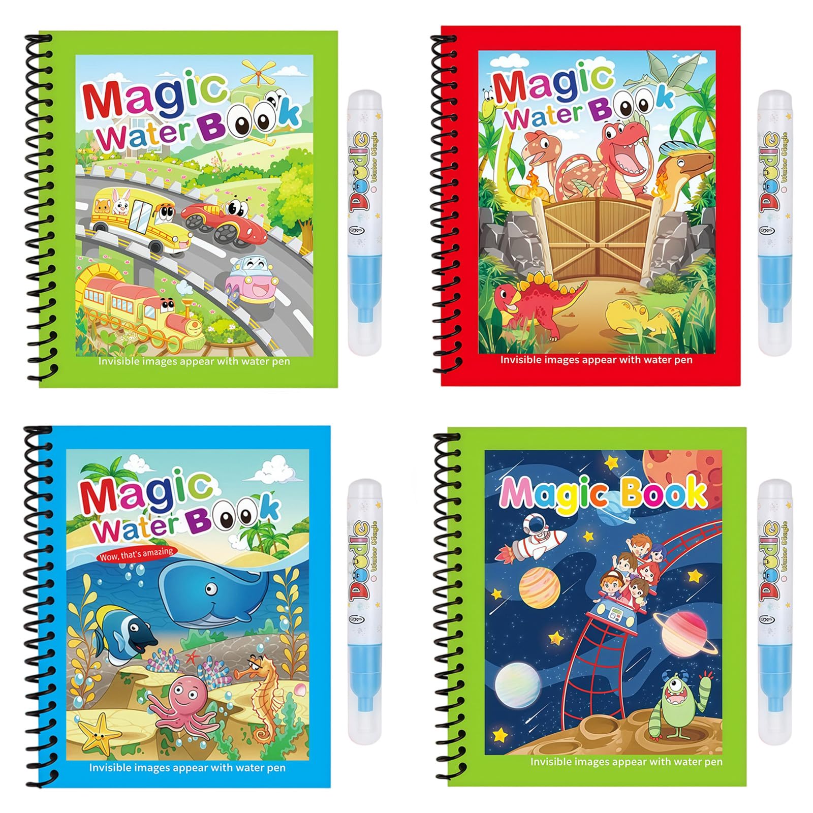 ZIYIE 4 Pack Magic Water Colouring Books for Kids – Mess Free Painting Art Activity with 4 Water Pens – Dinosaur Space Undersea Vehicle Themes – Travel Toys for Toddlers
