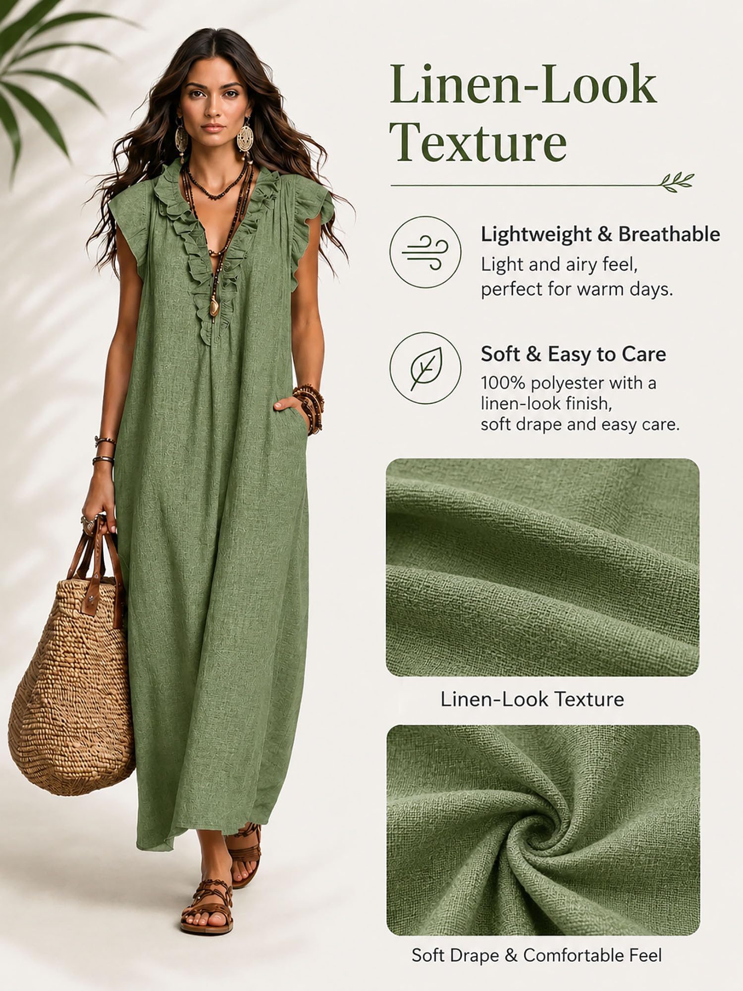 Boho Dresses for Women, Linen Look Maxi Dress V Neck Ruffle cap Sleeve Loose Long Dress with Pockets, Summer Beach Outfit