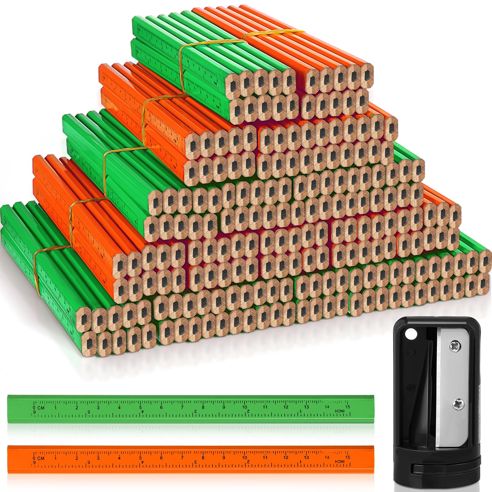 Honoson Lot de 202 crayons de charpentier - 200 crayons plats avec règle imprimée - 2 taille-crayons de charpentier pour le travail du bois (vert et orange)