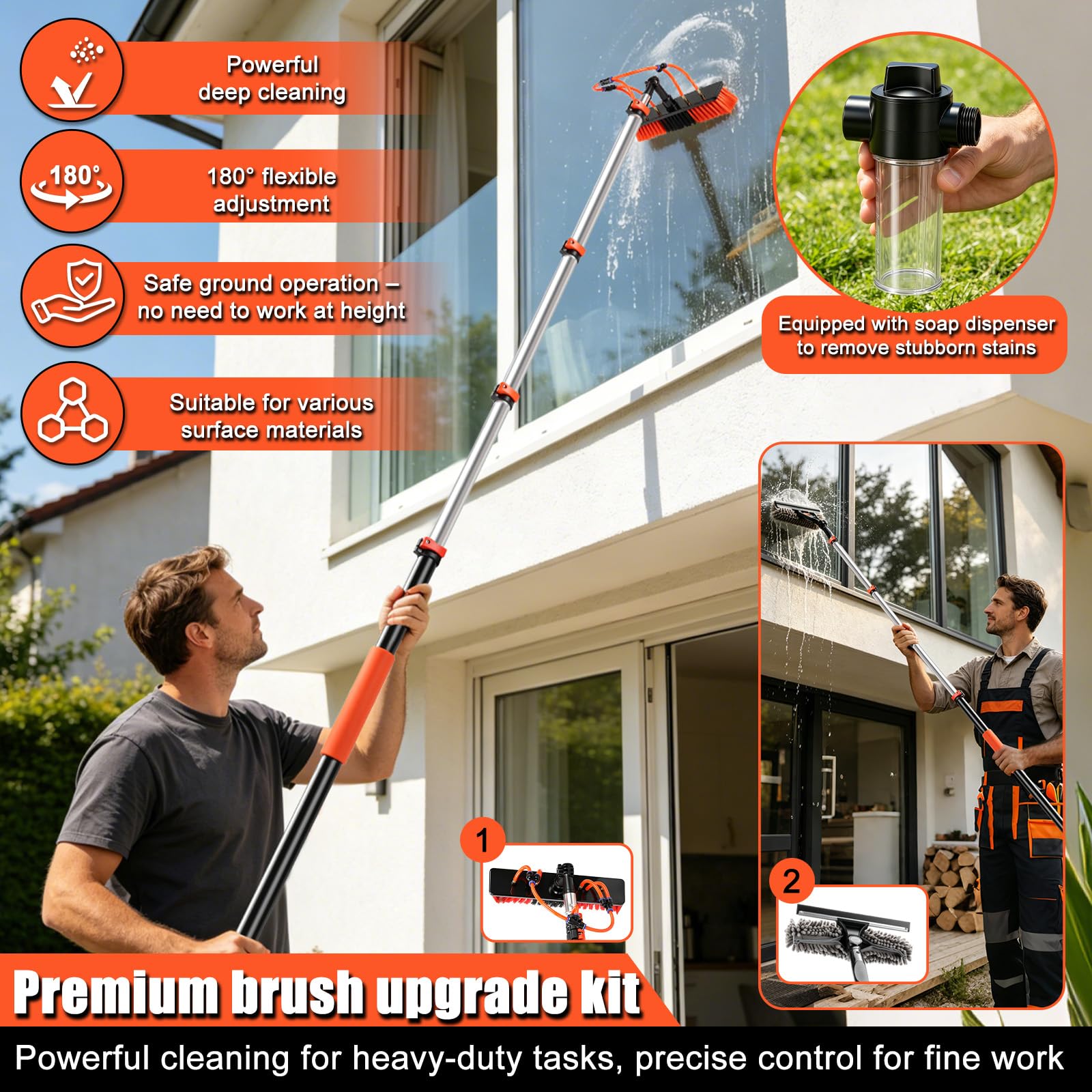 Kit Pulizia Pannelli Fotovoltaici 7,2 m 3 in 1 Spazzola Lavaggio Telescopica con Attacco Acqua, Asta Telescopica con Spazzola per Finestre, Tettoie, Camper, Pannelli Solari