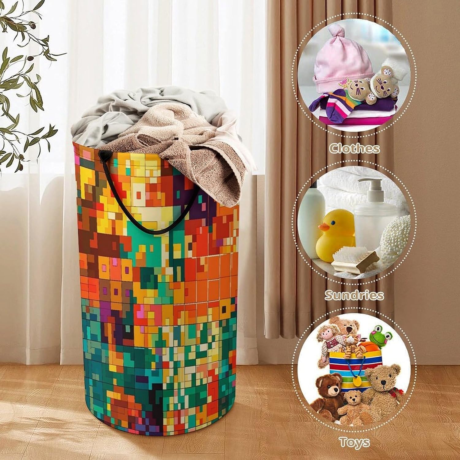 Pixel Art PatternLaundry Hamper Storage Basket | Large Dirty Clothes Bag for Easy Carry Handles,Large Clothes Basket with Handles,Organizer for Bathroom Bedroom