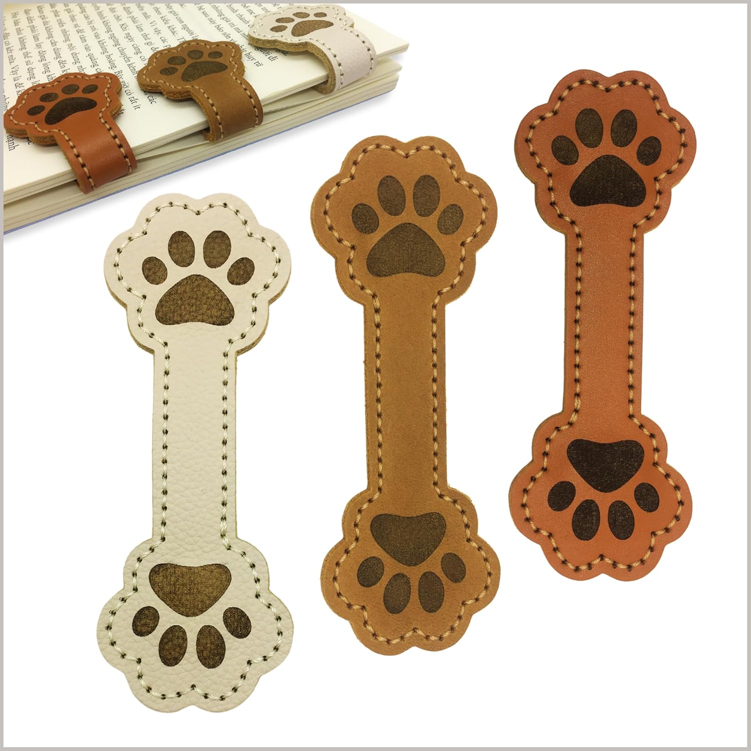 3 Pack Magnetic Leather Bookmarks for Reading, Cute Dog Paw Shape Magnet Bookmark Clips for Women, Men, Kids, Magnetic Book Marks, Gifts for Book Lovers Teachers Students (Brown+White+MilkCoffee)