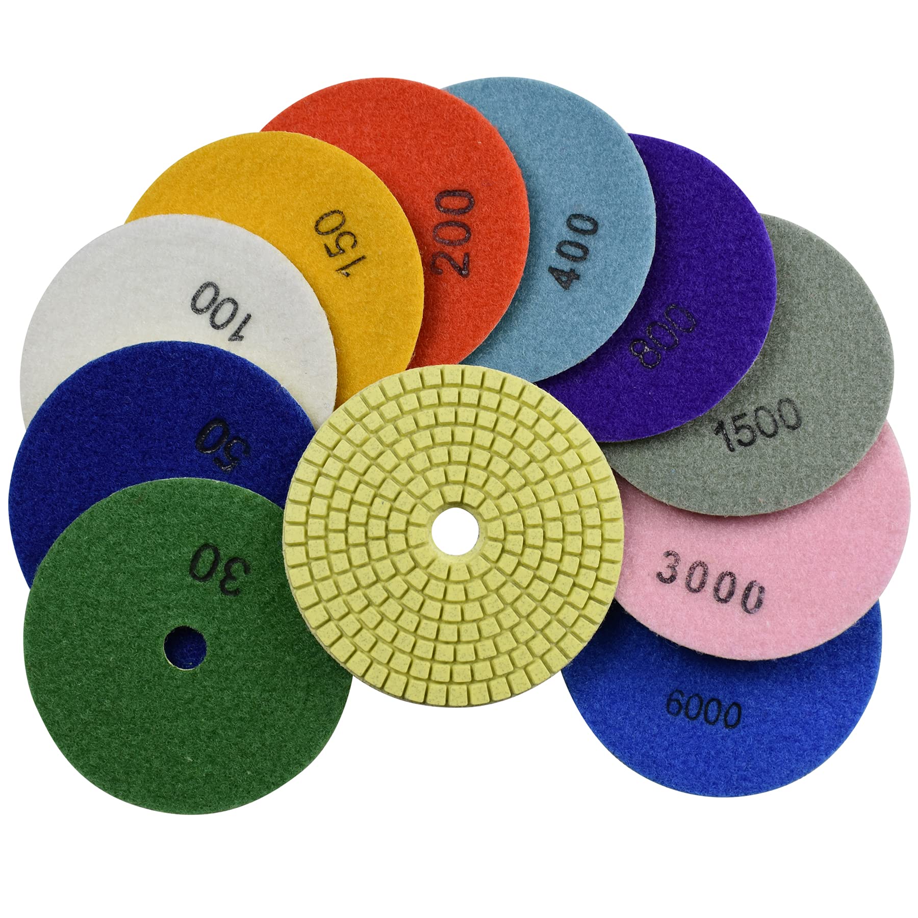 Almohadillas de pulido de diamante para uso húmedo de 4 pulgadas para moler piedra, mármol, granito, baldosas de granito, juego de 10 piezas, grano mixto 30-6000