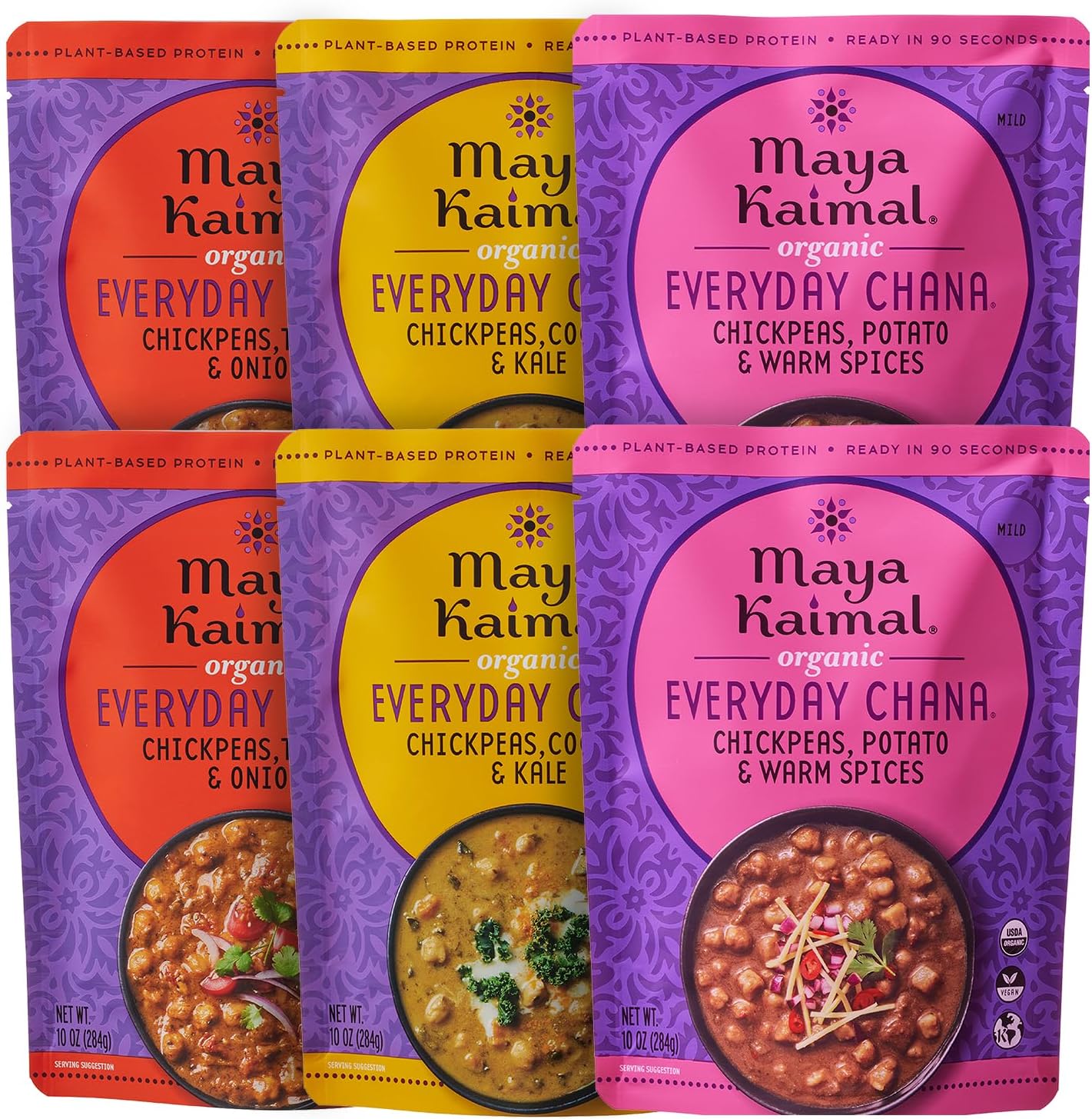 Organic Indian Everyday Chana - Variety Pack 10oz - Fully Cooked - Vegan - Microwavable - Ready to Eat Meals - Pack of 6