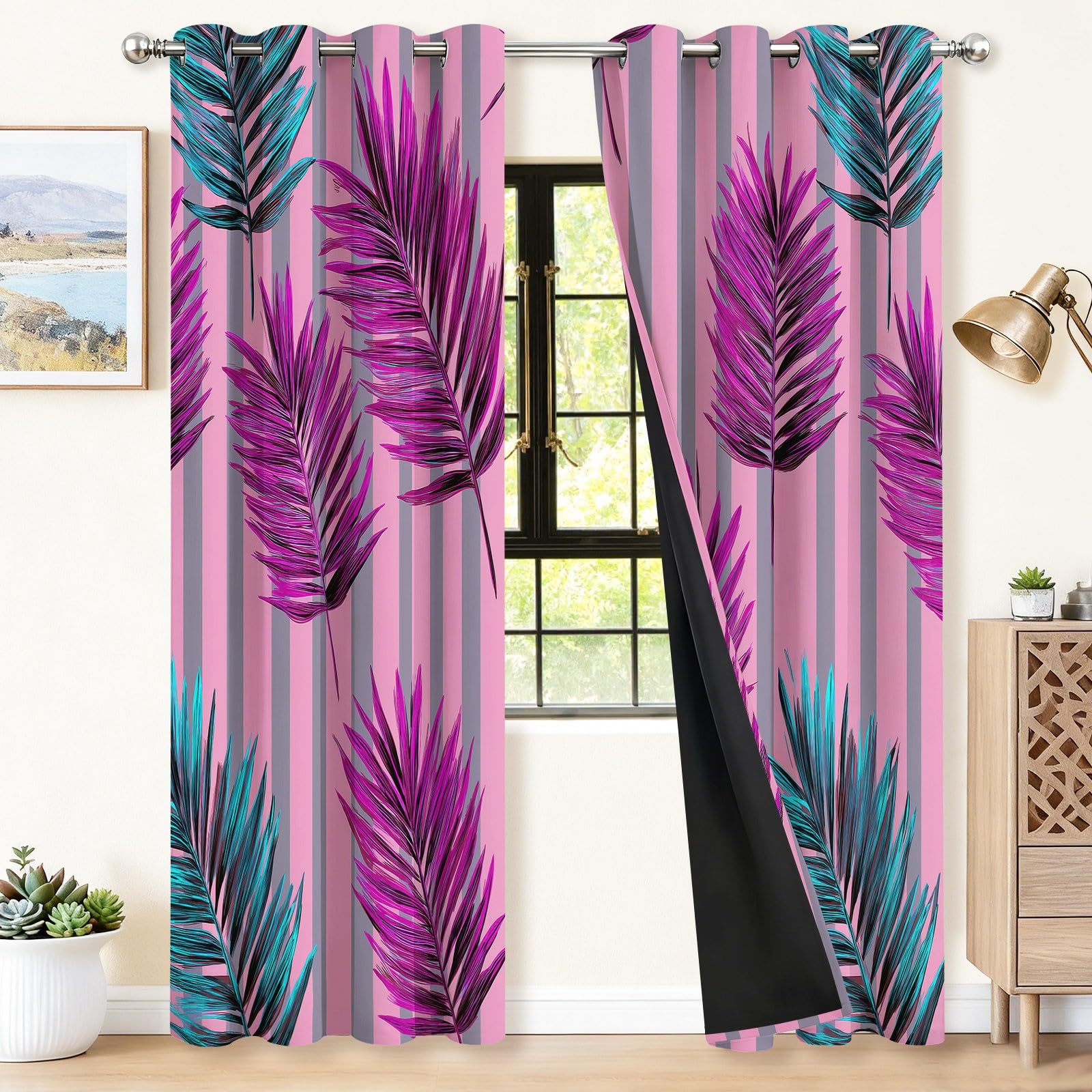 Bunt Blickdicht Vorhänge Wohnzimmer - Stilvoll Streifen Pflanze Palmenblatt Vorhänge mit Ösen Themovorhang Verdunkelungsvorhänge für Schlafzimmer Kinderzimmer, B110 x H215 cm 2er Set