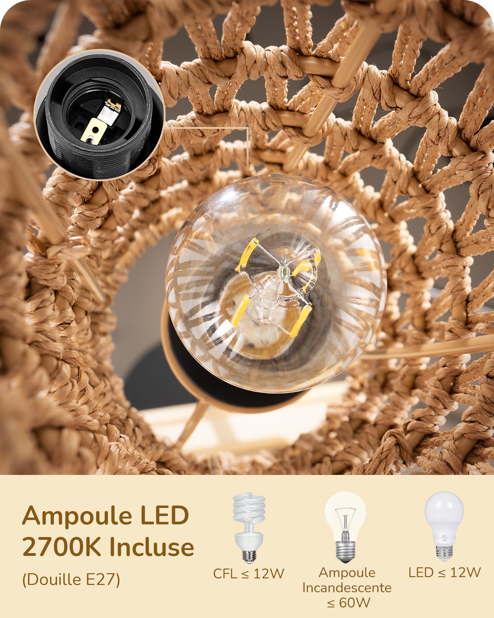 EDISHINE Lampadaire sur Pied Bohème Vintage avec Étagère de Rangement, 3 Abat-Jours en Rotin Naturel, 3xE27 Ampoules LED Incluses, Interrupteur au Pied, Lampe Salon, Chambre ou Bureau, 178 cm