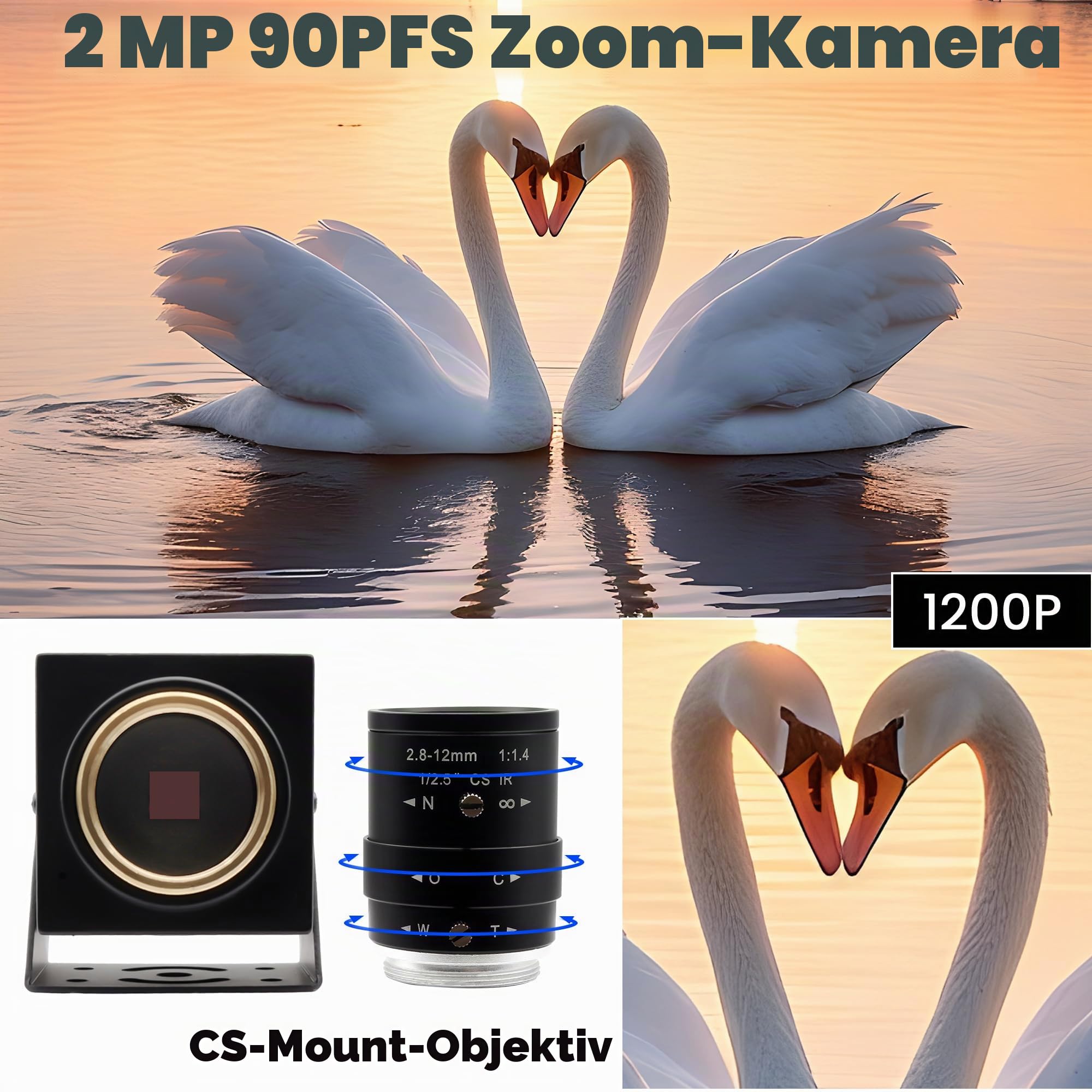 Svpro Global Shutter USB Kamera 2MP 90FPS Hochgeschwindigkeitskamera mit 2.8-12mm Zoomobjektiv, manueller Fokus Close-up Webcam für Glof Swing, Industriekamera USB Plug and Play für Computer
