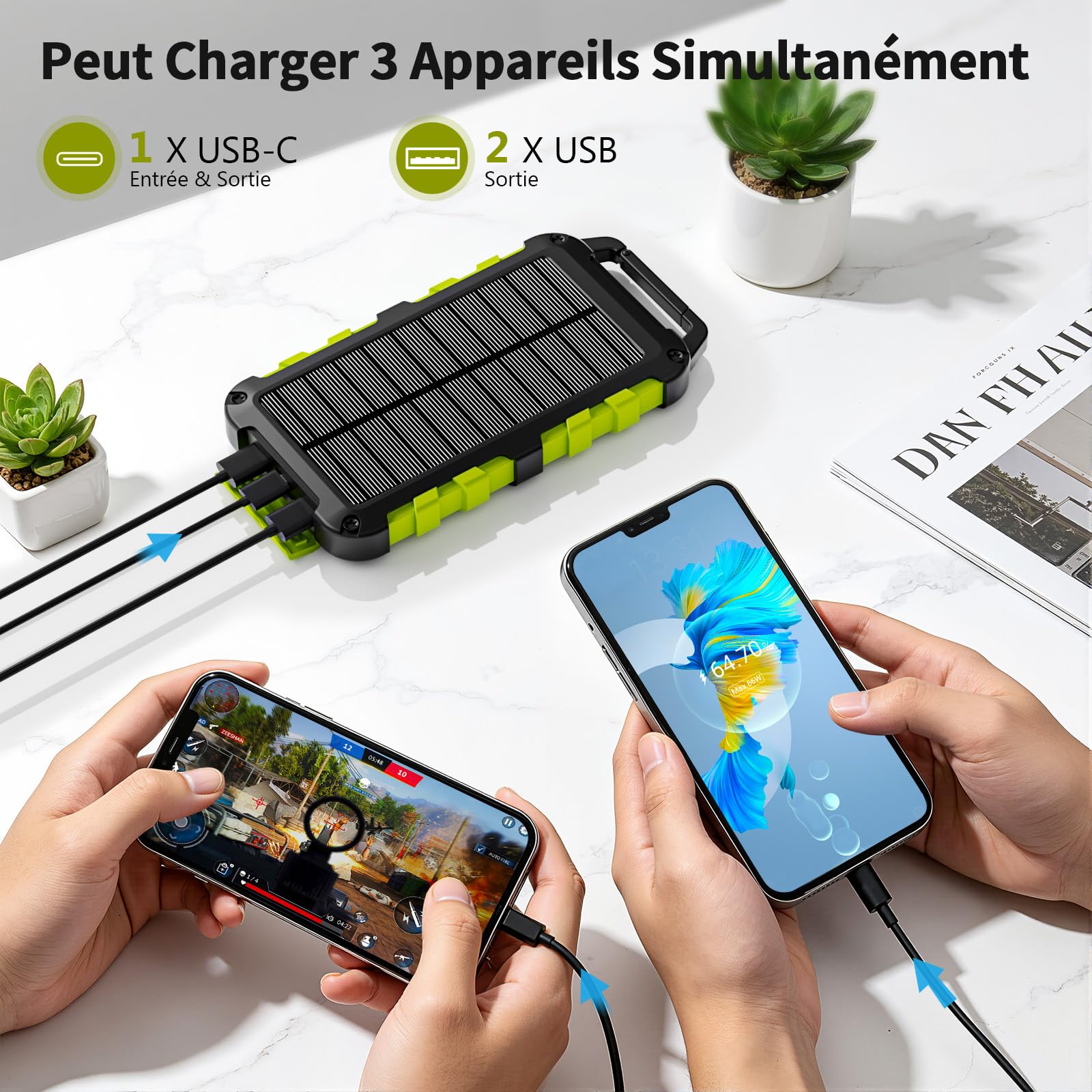 Batterie Externe Solaire 10000mAh PD 22,5W Chargeur Solaire avec 2 Ports USB et Une Entrée USB-C Charge Rapide Batterie Solaire Imperméable Compatible avec Téléphone Tablette Camping Vert