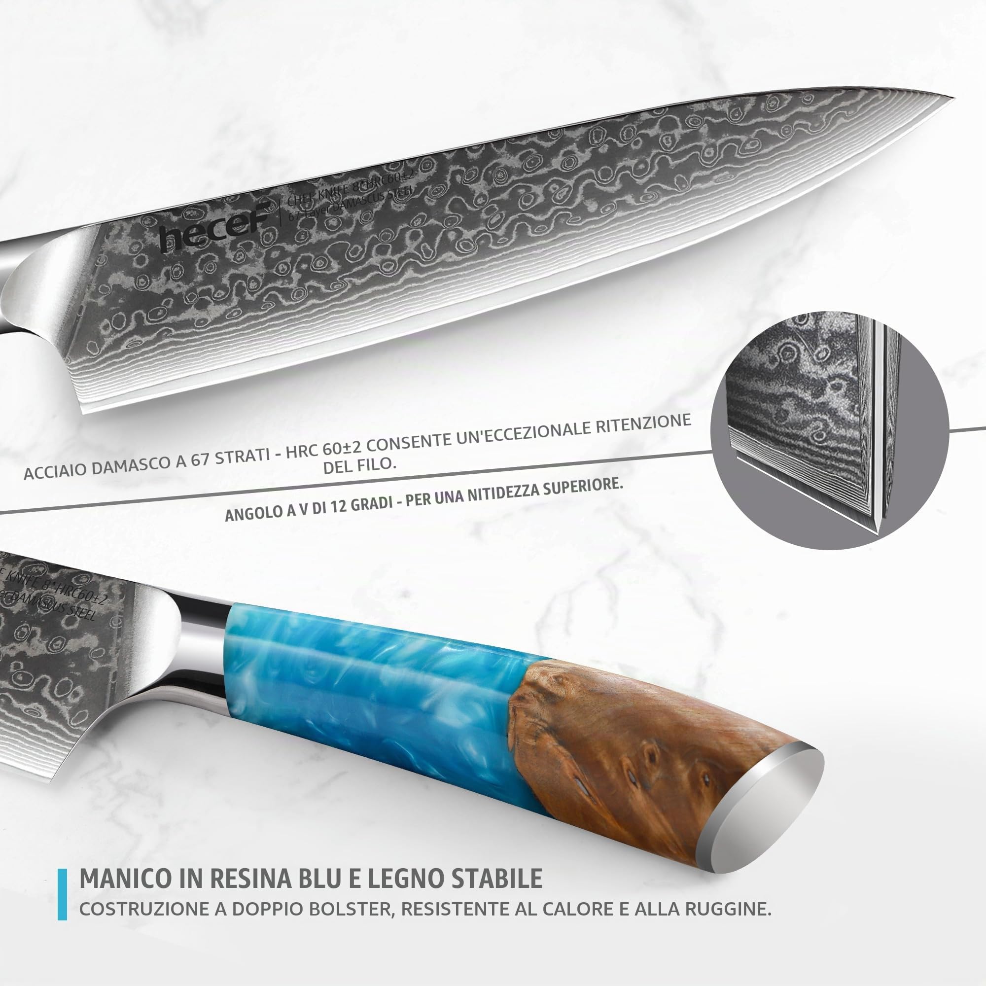 hecef Coltello Giapponese, 20 cm Coltello da Cucina Professionale con Manico Ergonomico in Resina, 67 Strati VG10 Coltello Damasco, Coltello Chef con Fodero Protettivo Della Lama
