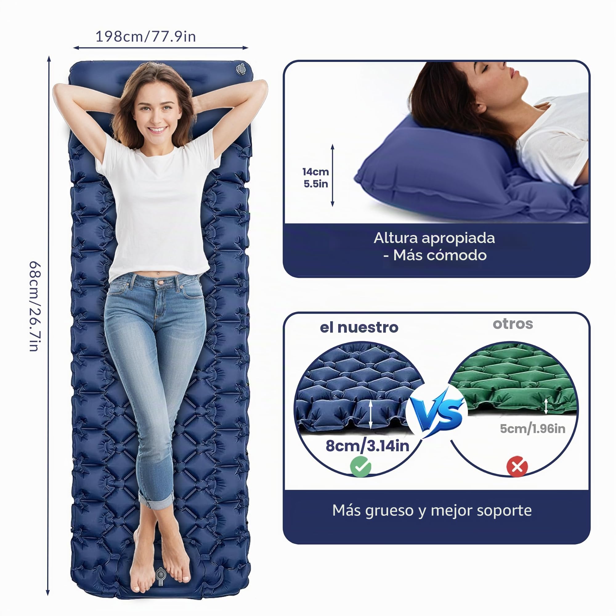 Colchoneta Autoinflable para Camping, 198 × 68 × 8CM Portatíl Ultraligera Impermeable Colchoneta Camping, con Almohada y Bomba de Pie, para Acampada, Trekking, Exteriores, Viaje