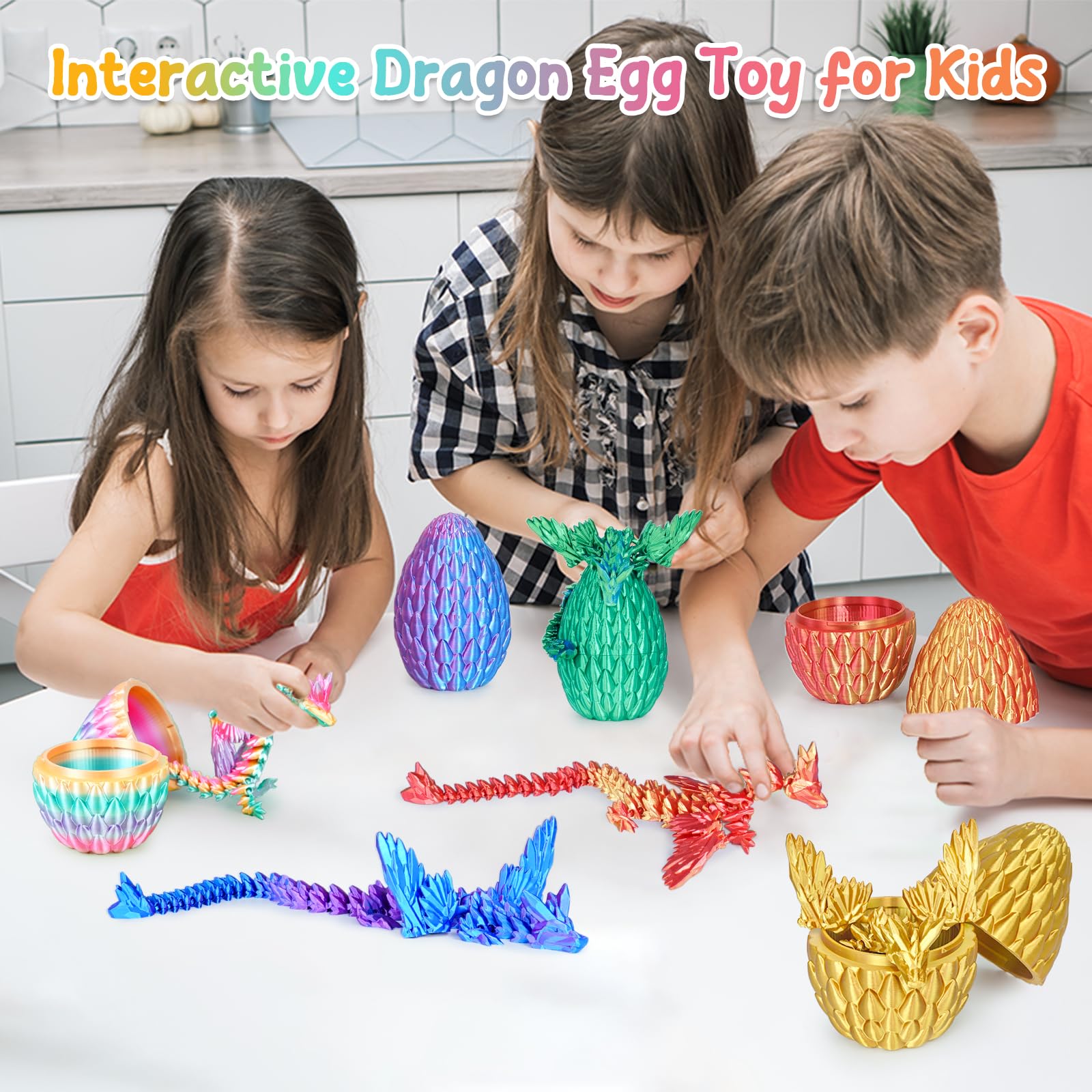 Audasi 4Pcs Oeuf De Dragon Imprimé En 3D, 4Pcs Dragon De Cristal Entièrement Articulé Avec Oeufs De Pâques Oeufs Surprise De Dinosaures Articulations Flexibles Mystère Dragon Figurines D'Action