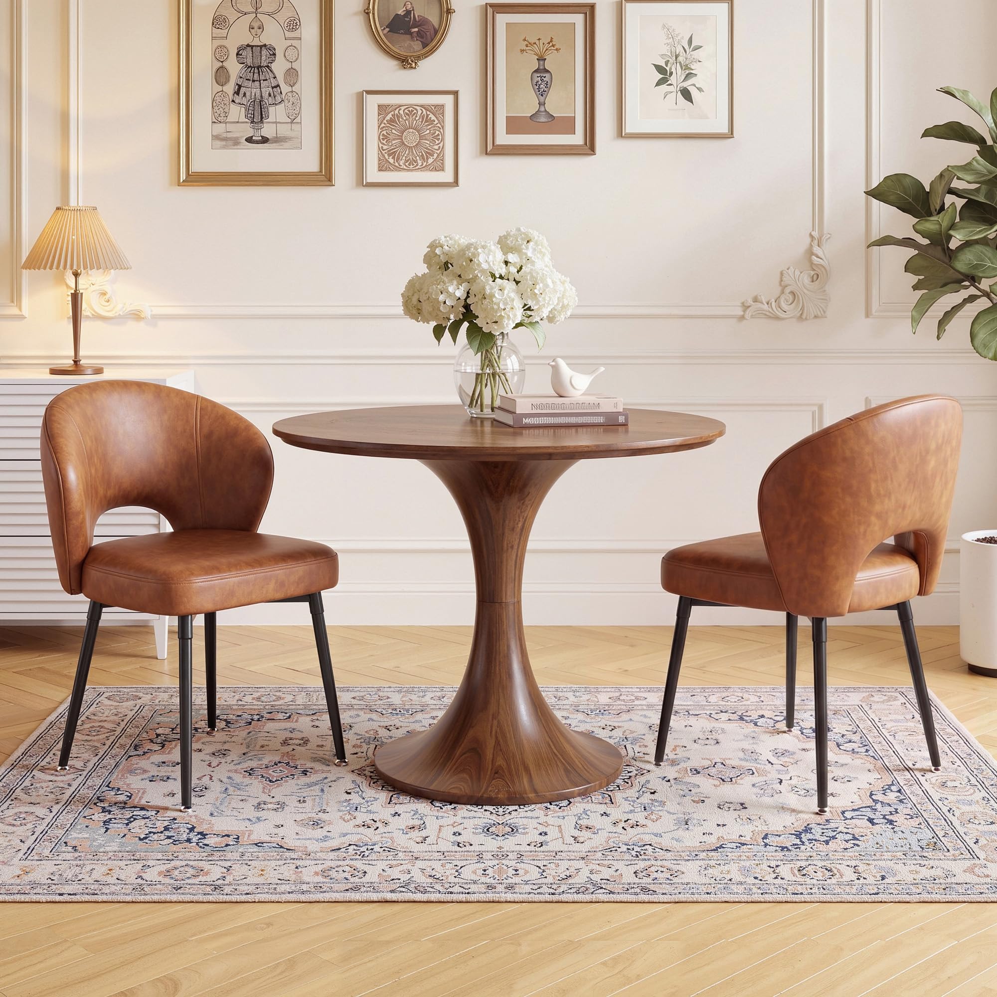 Cliporix Dining Chairs Set of 2, Curved Hollow Backrest, Easy-Clean Faux Leather, Soft Cushion Seat & Durable Metal Frame for Kitchen, Living Room, or Café, Retro Brown