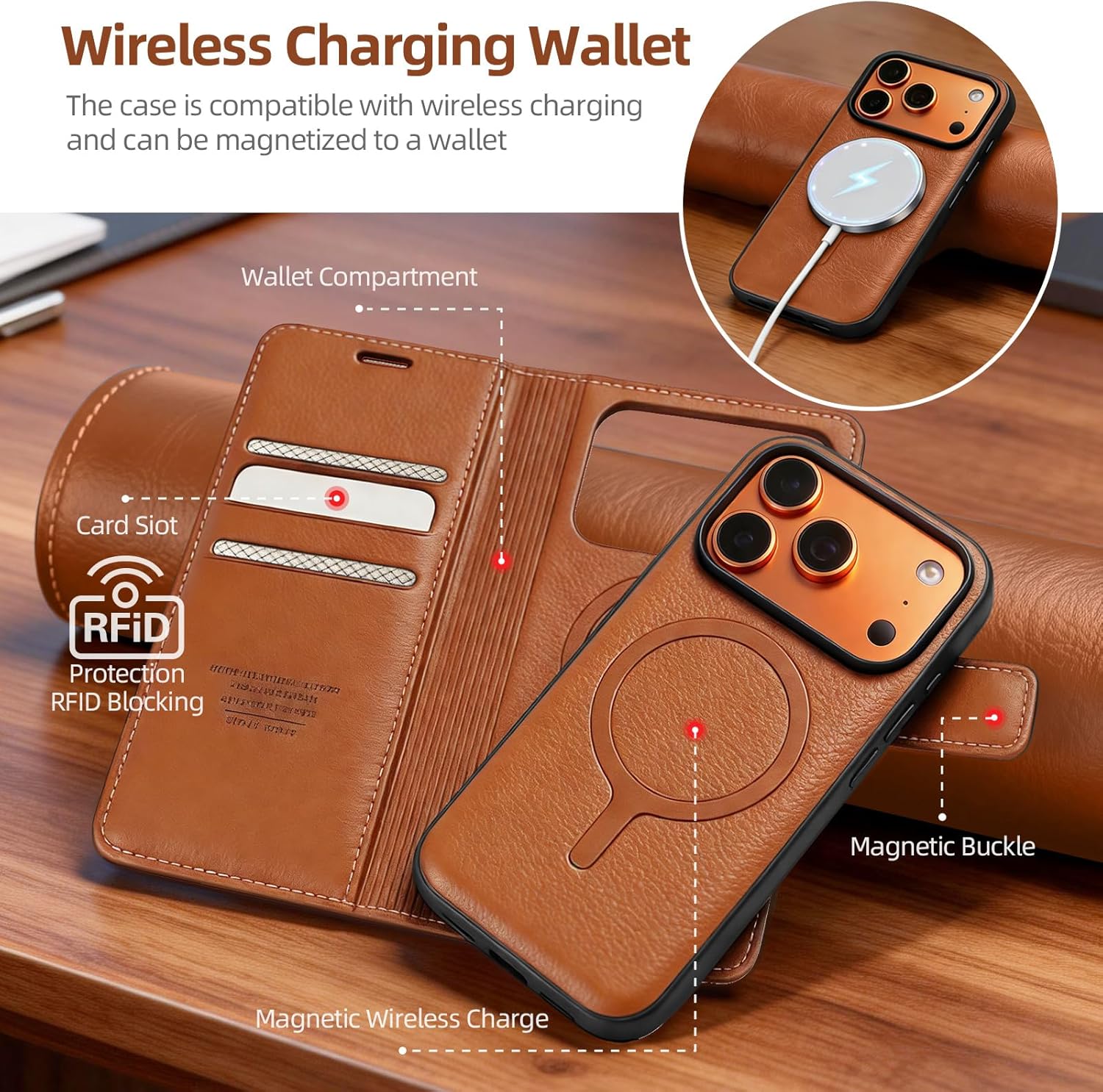 Magnetic for iPhone 17 Pro Wallet Case with Card Holder for Women and Men,RFID Blocking Credit Slots Detachable Leather Wallet Flip Folio Phone Cover for iPhone 17 Pro 6.3".Brown