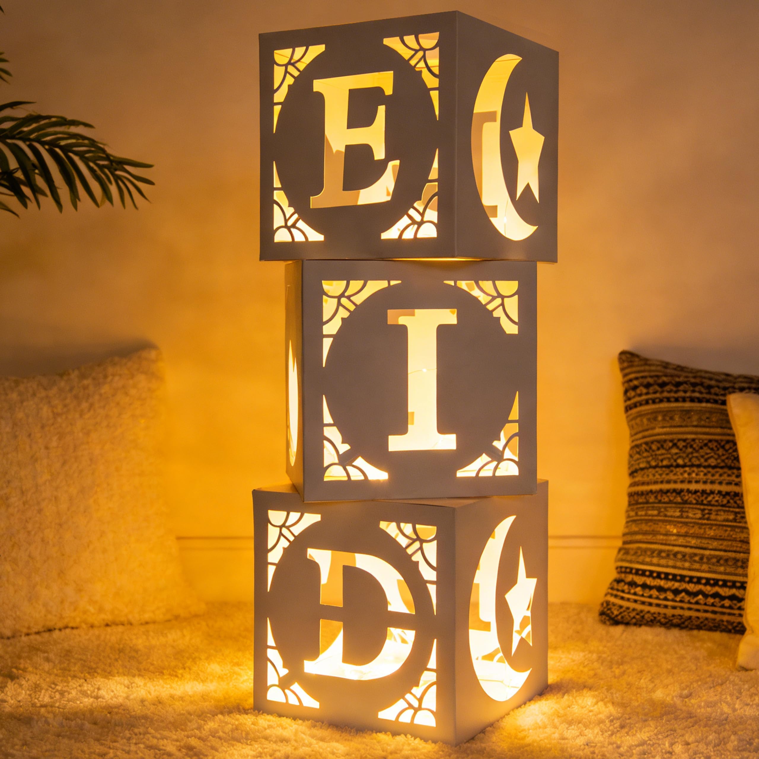 KEGOZ Eid Decorations for Home, 3Pcs White Eid Box with String Lights, Ramadan Decorations Boxes with LED Lights for Eid Al-Fitr Decor, Ramadan Mubarak, Muslim Islamic Supplies