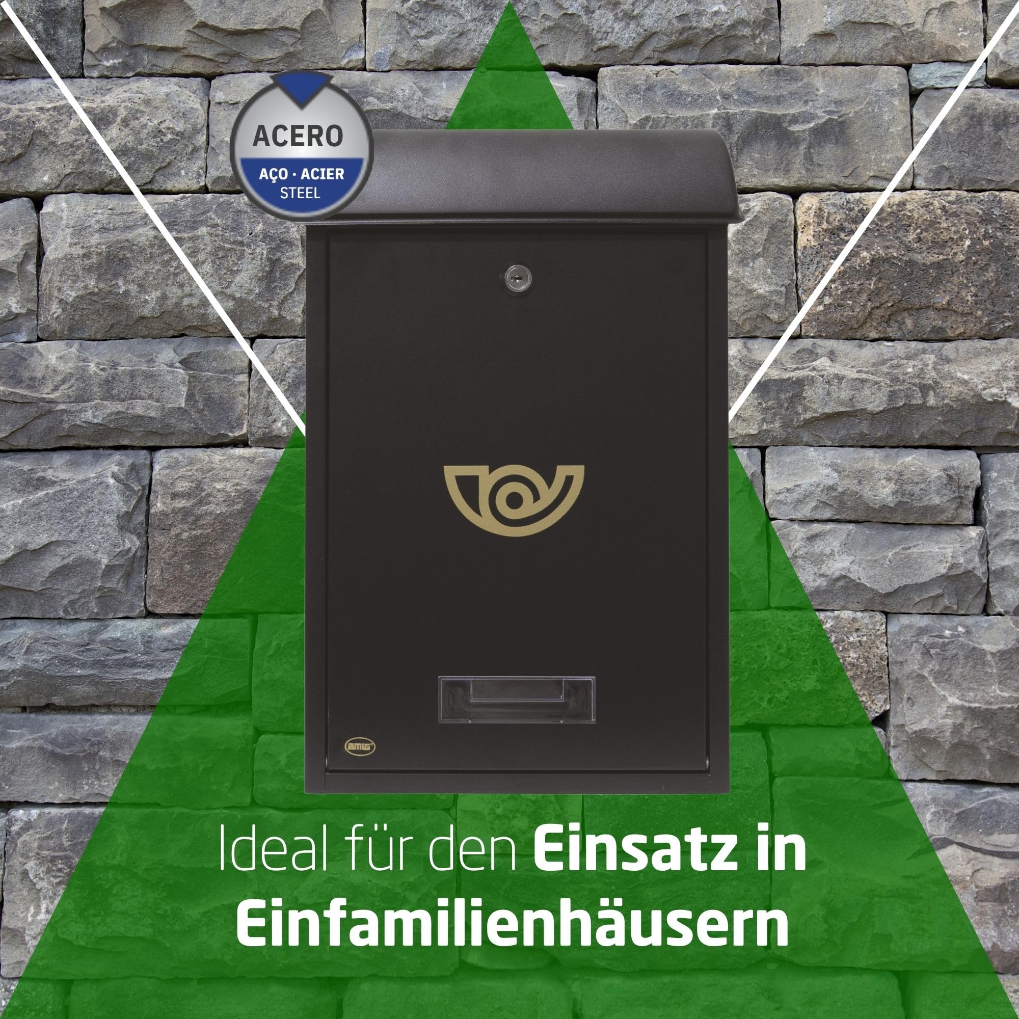 Amig - Stahl Außenbriefkasten - Wetterfest, DIN-A4, inkl. Montagematerial - Elegantes Design, Sichtfenster, Sicherheitsschloss - Schwarz, 40x25x10 cm, Legierter Stahl