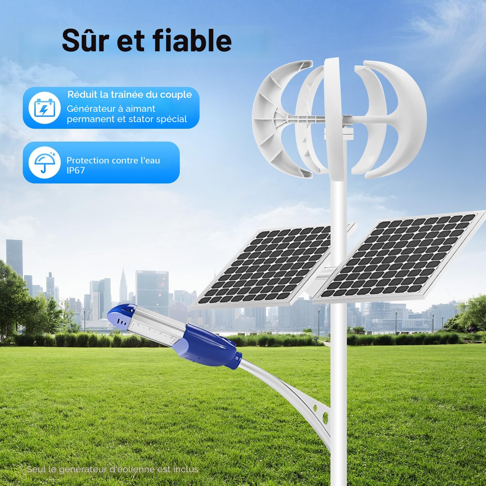 Éolienne 600 W - Lanterne domestique - Générateur de 24 V - Kit éolienne - 5 lames - Éolienne verticale - Pour bateaux, pavillons, cabanes ou maisons mobiles