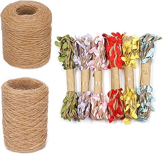 Molyorch 212M Cordel de Yute para jardín 3 mm + cordón de Yute marrón 1 mm + 5mm cordón de Hojas para Cuadros de jardín Plantas Manualidades, Color Natural, cordón de Yute