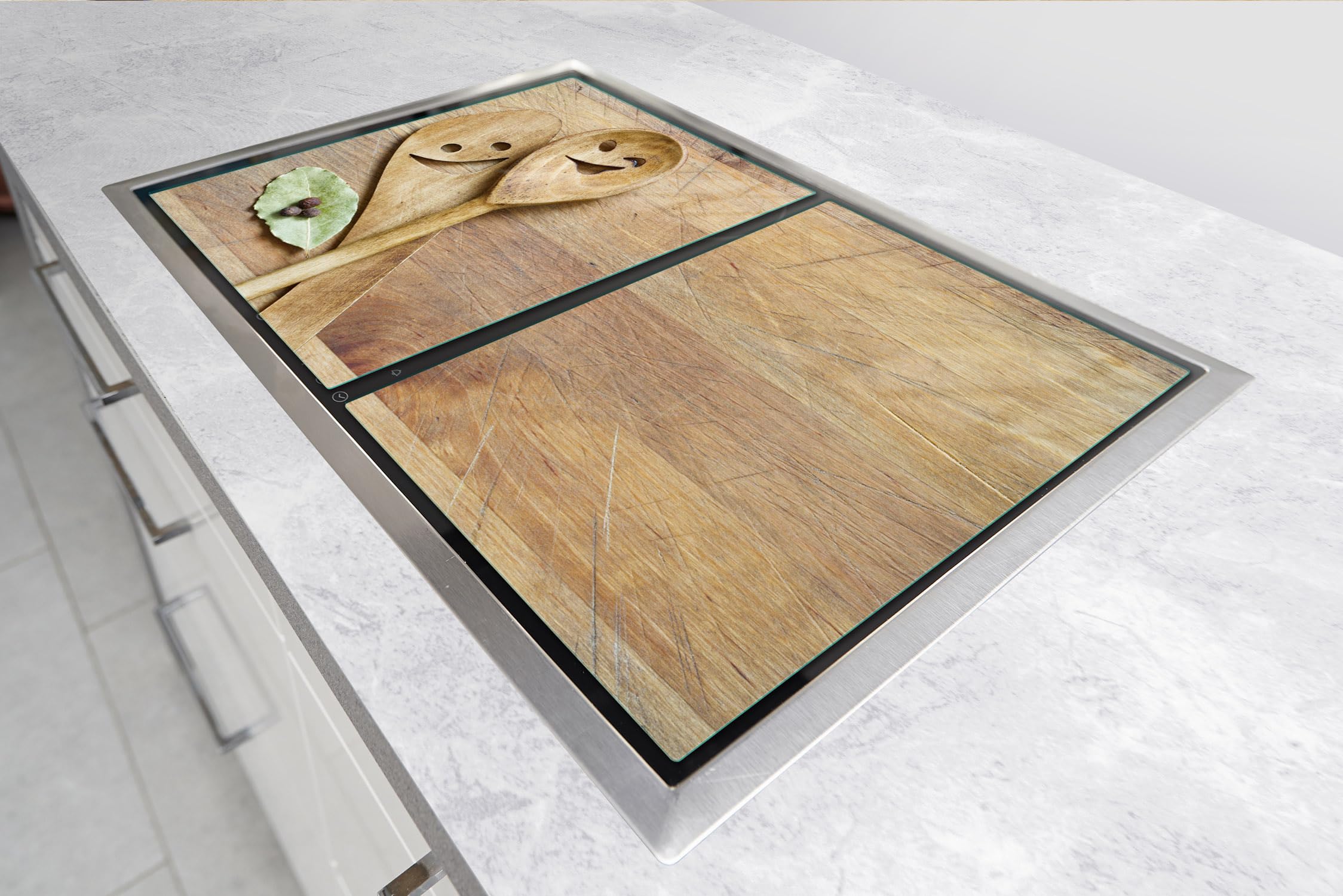 TMK ArtDeko Herdabdeckplatte 2 Teilig 30x52 +45x52 cm - Spritzschutz Herdabdeckung – Herdschutz aus Sicherheitsglas – Robust, Hygienisch & Rutschfest– Schutz für Induktion, Ceran, Gas & Elektro
