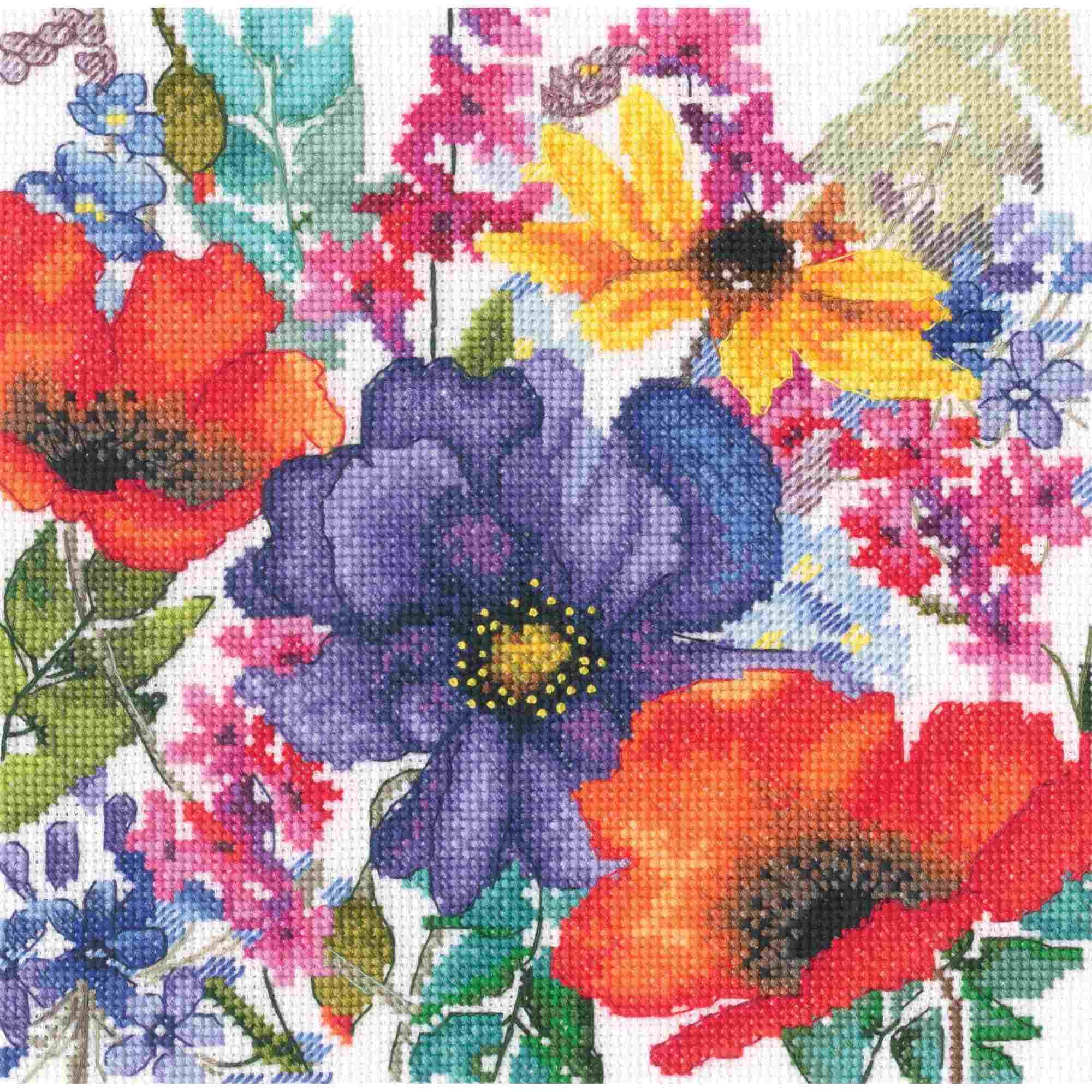 Rto Multicolor Counted Cross Stitch Kit, Flowers Of Happiness M1041, 20 X 20 Cm (7.8"X7.8"), Dmc Mouline Thread, Zweigart Aida, Embroidery Needlework Diy Adult