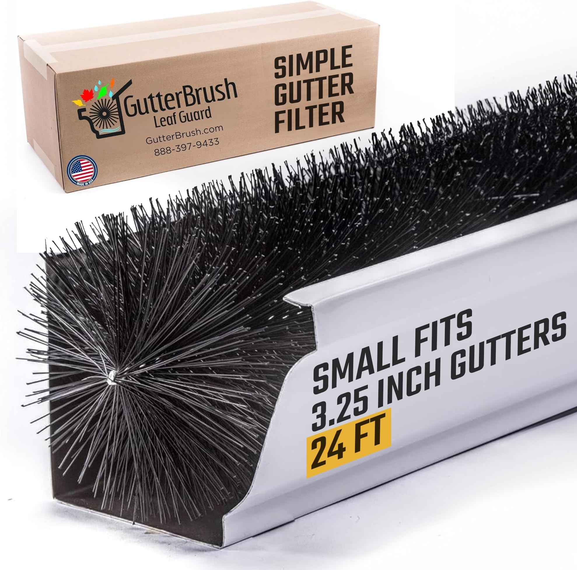 GutterBrushGutter Guard 3.25-Inch Diameter – 24 Ft - DIY Leaf Filter for Small Gutters, No Tools Needed, Prevents Clogs & Reduces Cleaning