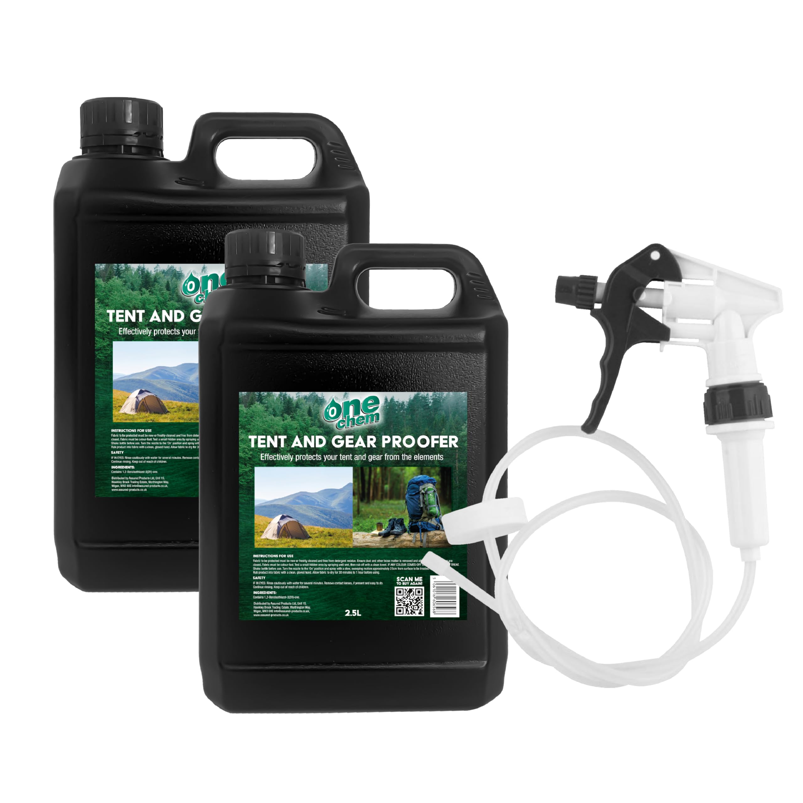 Tent and Gear Waterproofer 2 x 2.5 Litre Spray with Long Hose Trigger, Waterproofer for Clothing, Tents and Gear