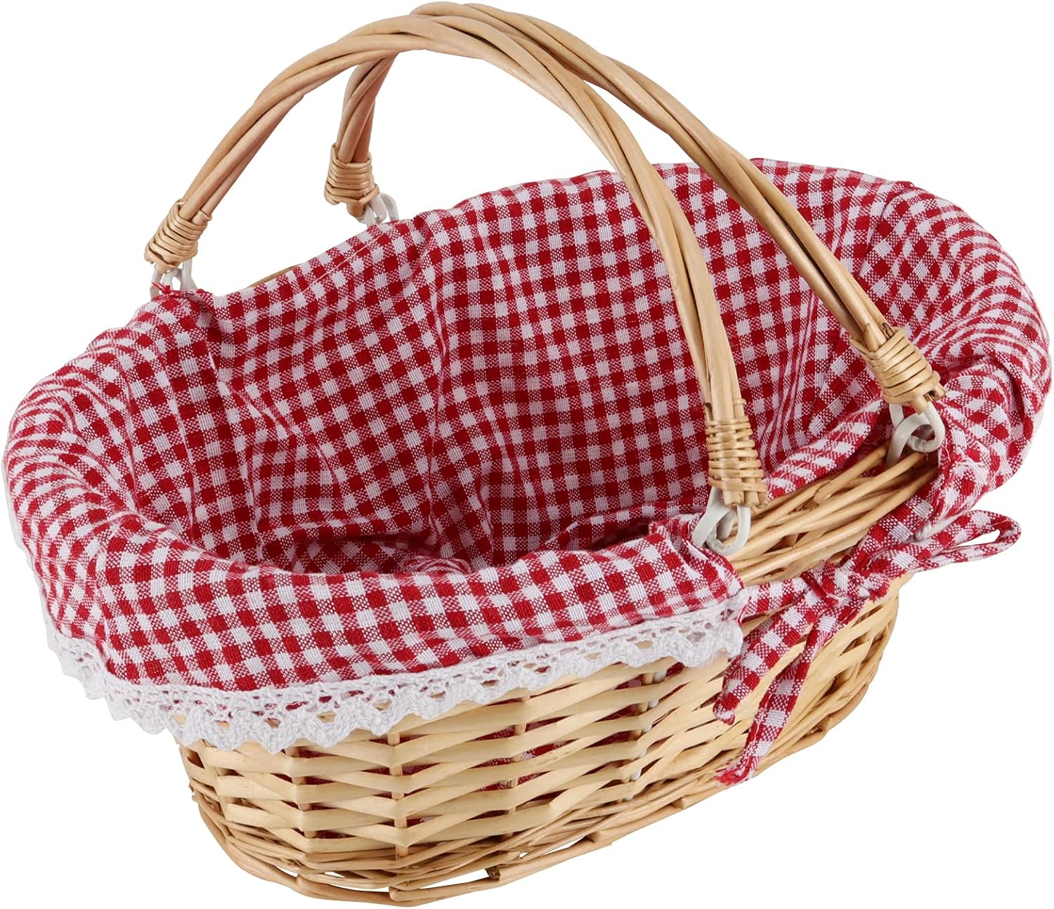 2 PCS Natural Wicker Basket with Double Handles and Washable Gingham Liner, Small Hand Woven Gifts Basket Empty for Easter, Picnics, Gifts, Home Decor, Candy Fruit Storage, 13 x 9 x 4.7 Inch