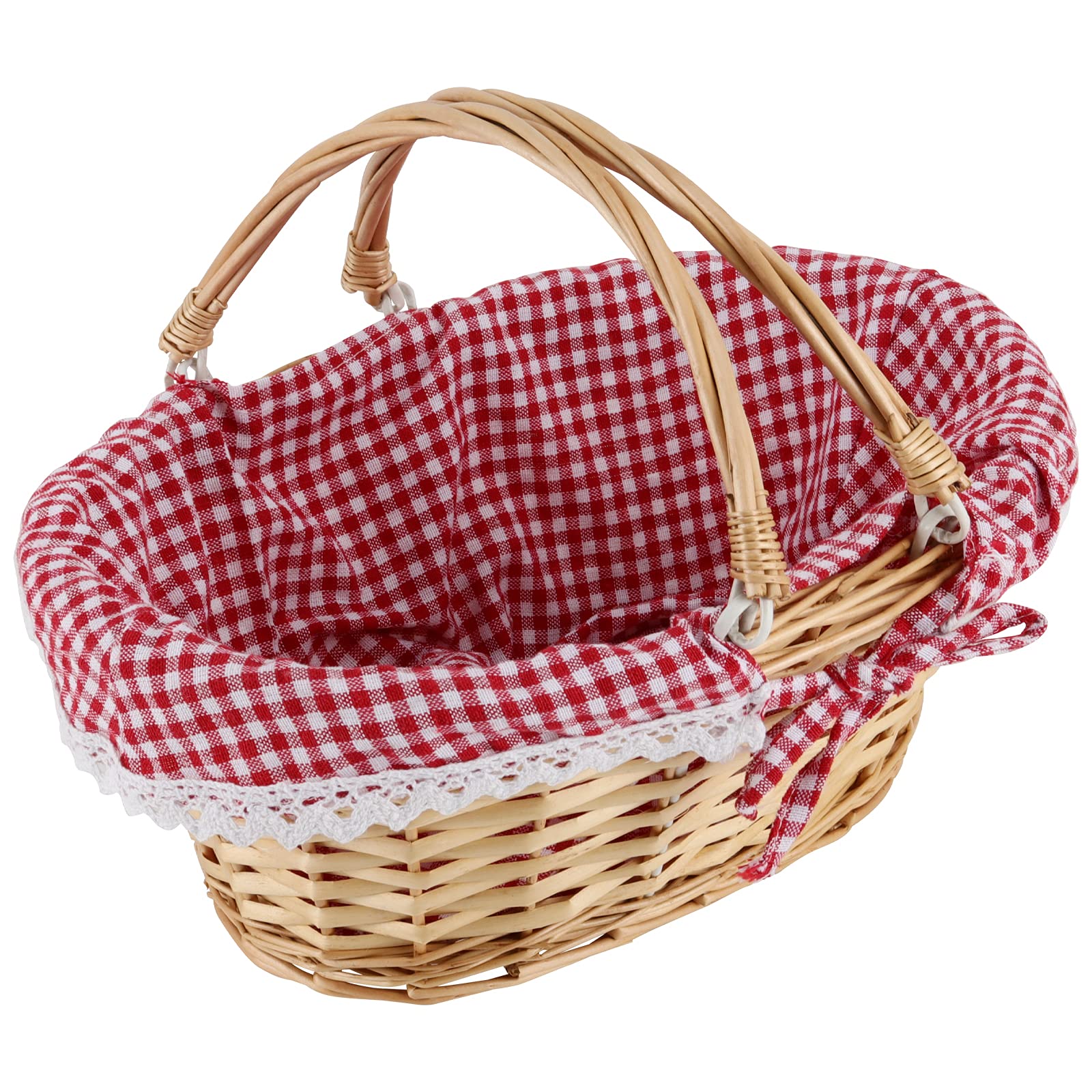 2 szt. naturalny kosz wiklinowy z podwójnymi uchwytami i zmywalną wkładką w kratkę, ręcznie tkany kosz na prezent, pusty na Wielkanoc, pikniki, prezenty, dekoracja domu, do przechowywania słodyczy owoców, 33 x 22 x 11 cm