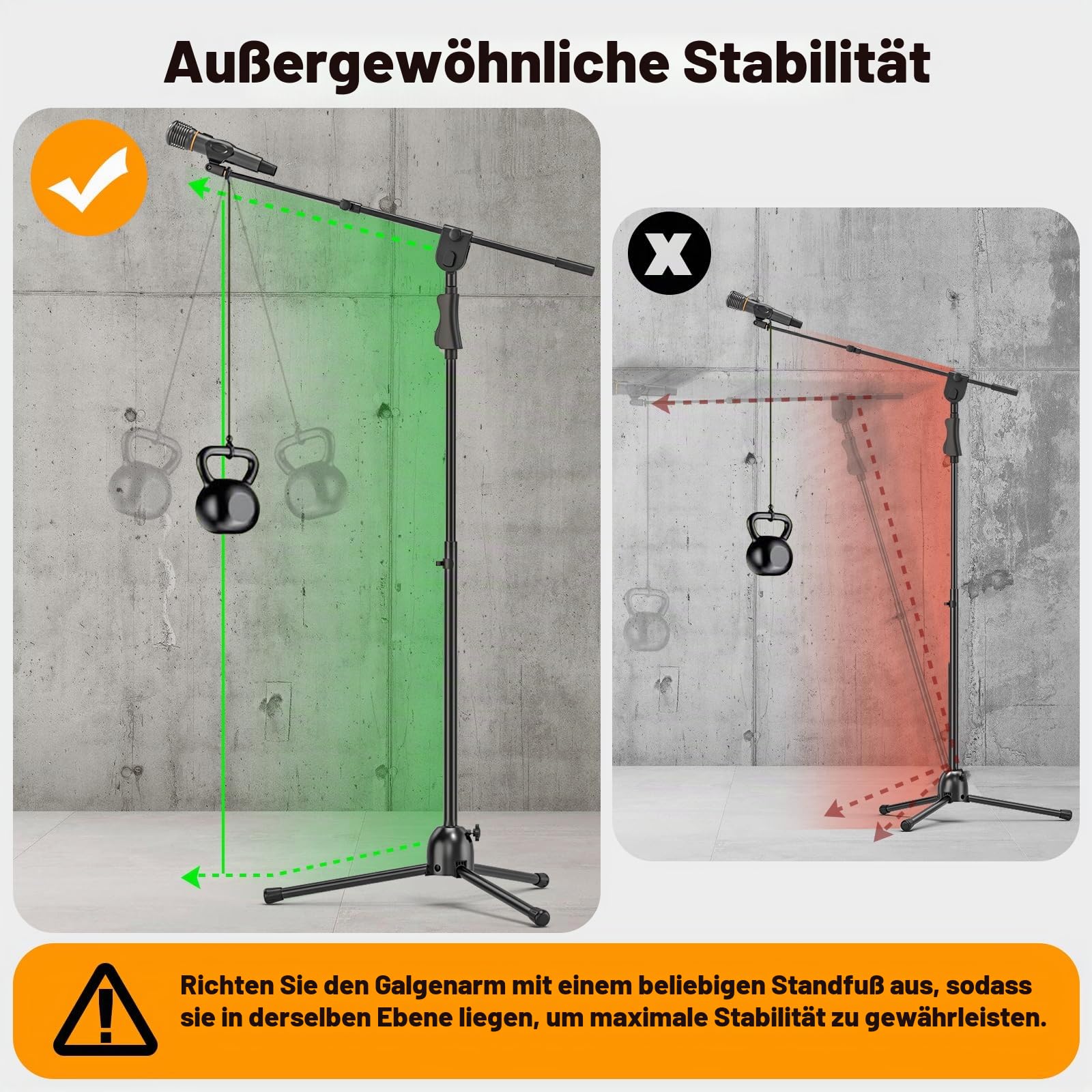 Mikrofonständer mit Teleskop-Galgen 51–91 cm, Höhe bis 232 cm, 2 Clips | Höhenverstellbares Mikrofonstativ mit 24 mm Stahlrohr, Mic Stand mit 2 Mikrofonclips und Gewindeadaptern