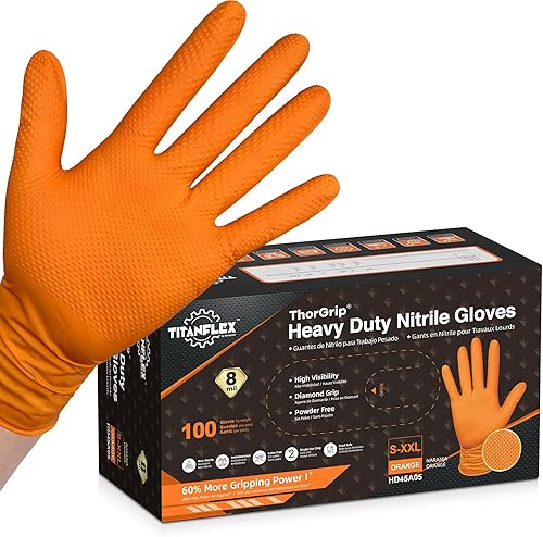 TitanFlex Thor Grip - Guantes industriales de nitrilo naranja con textura de diamante elevado, 8 mil, sin látex, sin polvo
