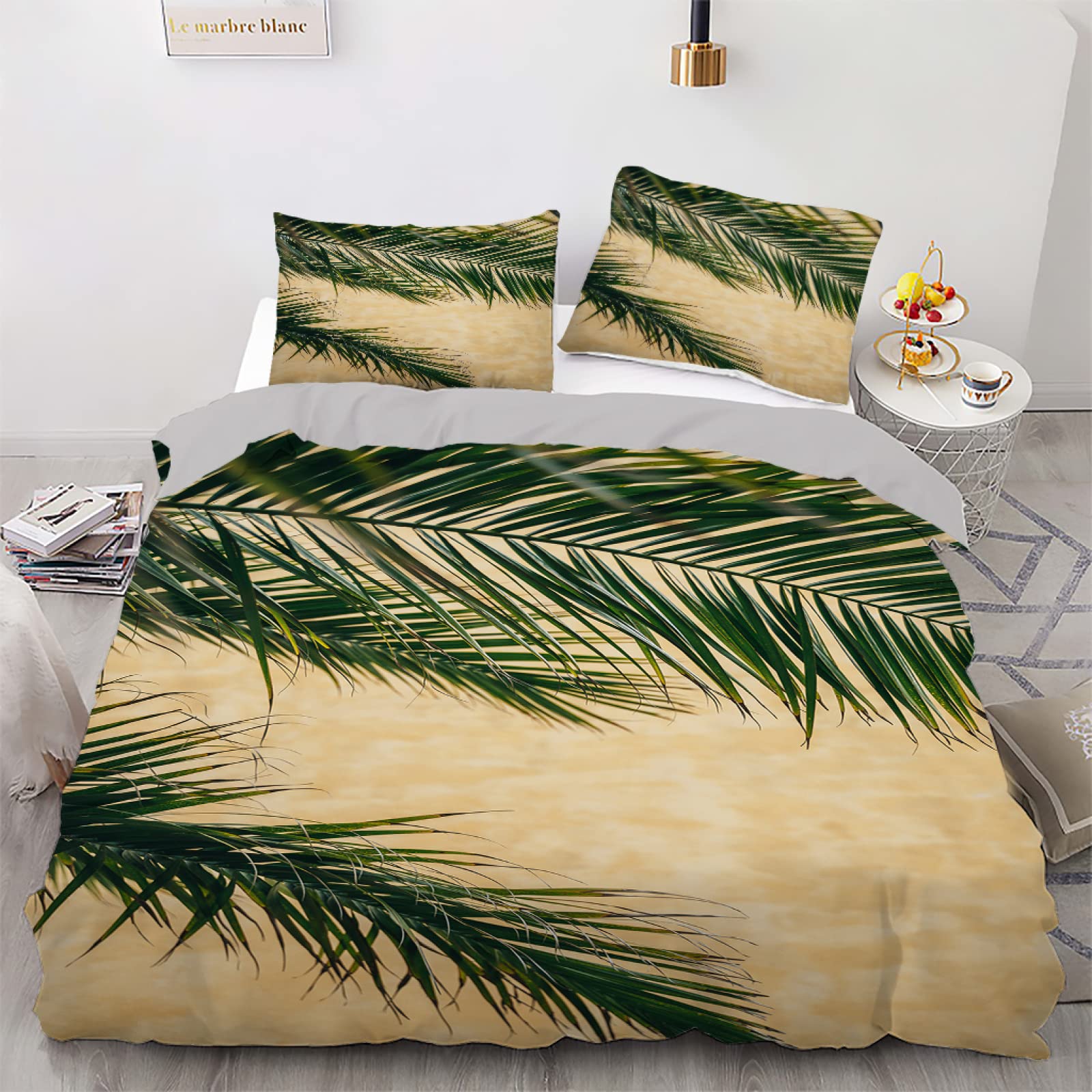 Parure de lit 90x190 enfant feuilles beiges avec housse de couette microfibre et taie d'oreiller