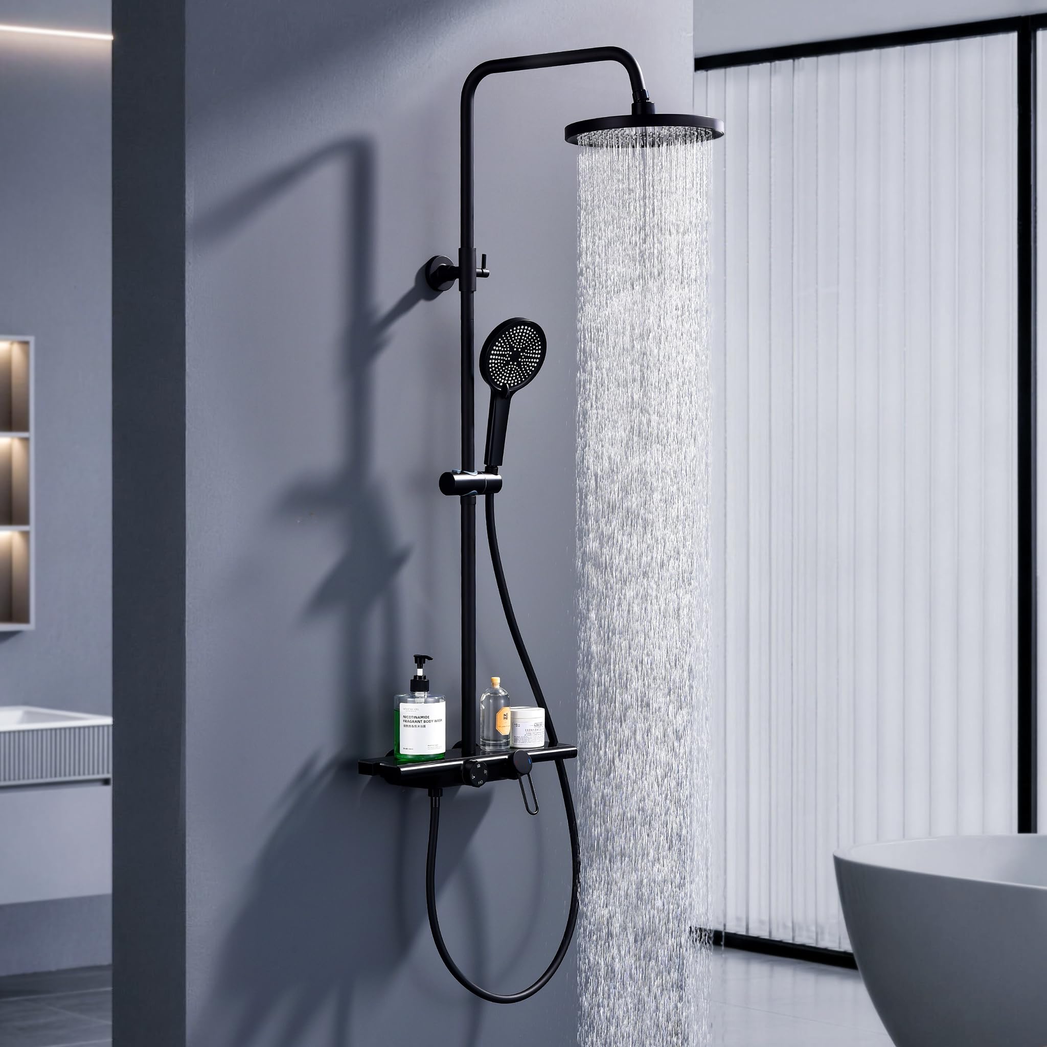 HOMELODY Duschsystem mit Armatur und Glasablage - Duscharmatur Komplettset Schwarz, 5 Strahlarten Handbrause und Wasserfallauslauf, Ø25cm Regendusche Set, Höhenverstellbar, ohne zusätzliches Bohren