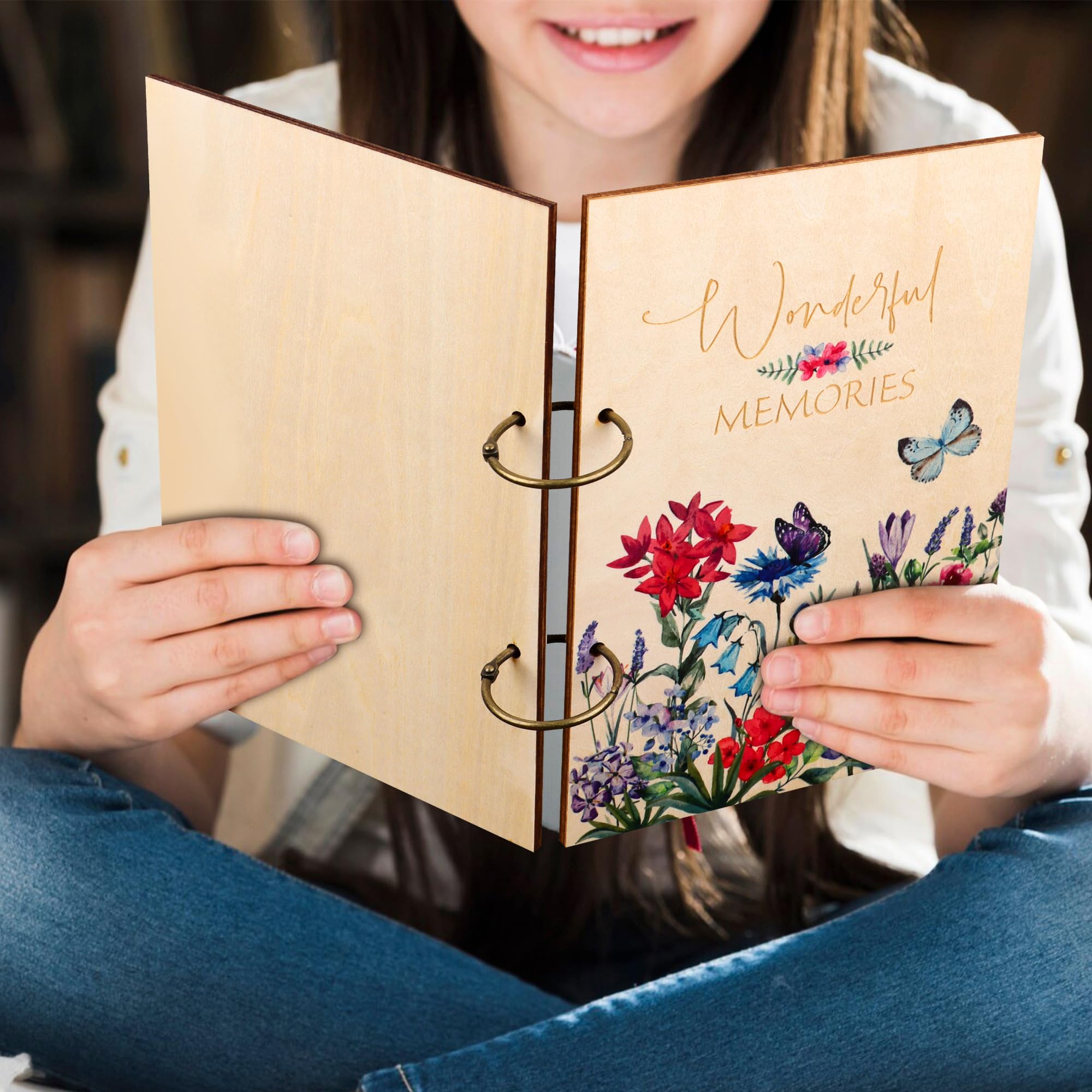 Giiffu Greeting Card Organizer – Wonderful Memories Wooden Floral Card Keeper & Album, Wood Book or Binder for Cards Keepsakes, Personalized Gift for Wedding, Birthday, Anniversaries, Holiday