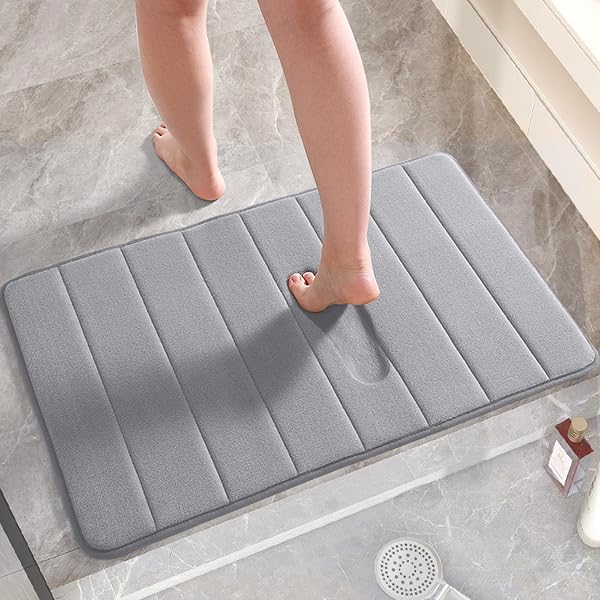 バスマット 足拭きマット ATOKA 洗える 速乾 吸水 40*60cm お風呂マット すべり止め付き 低反発 クッション 丸洗い 洗濯 台所 脱衣場 キッチン 洗面所 ライトグレー - 1