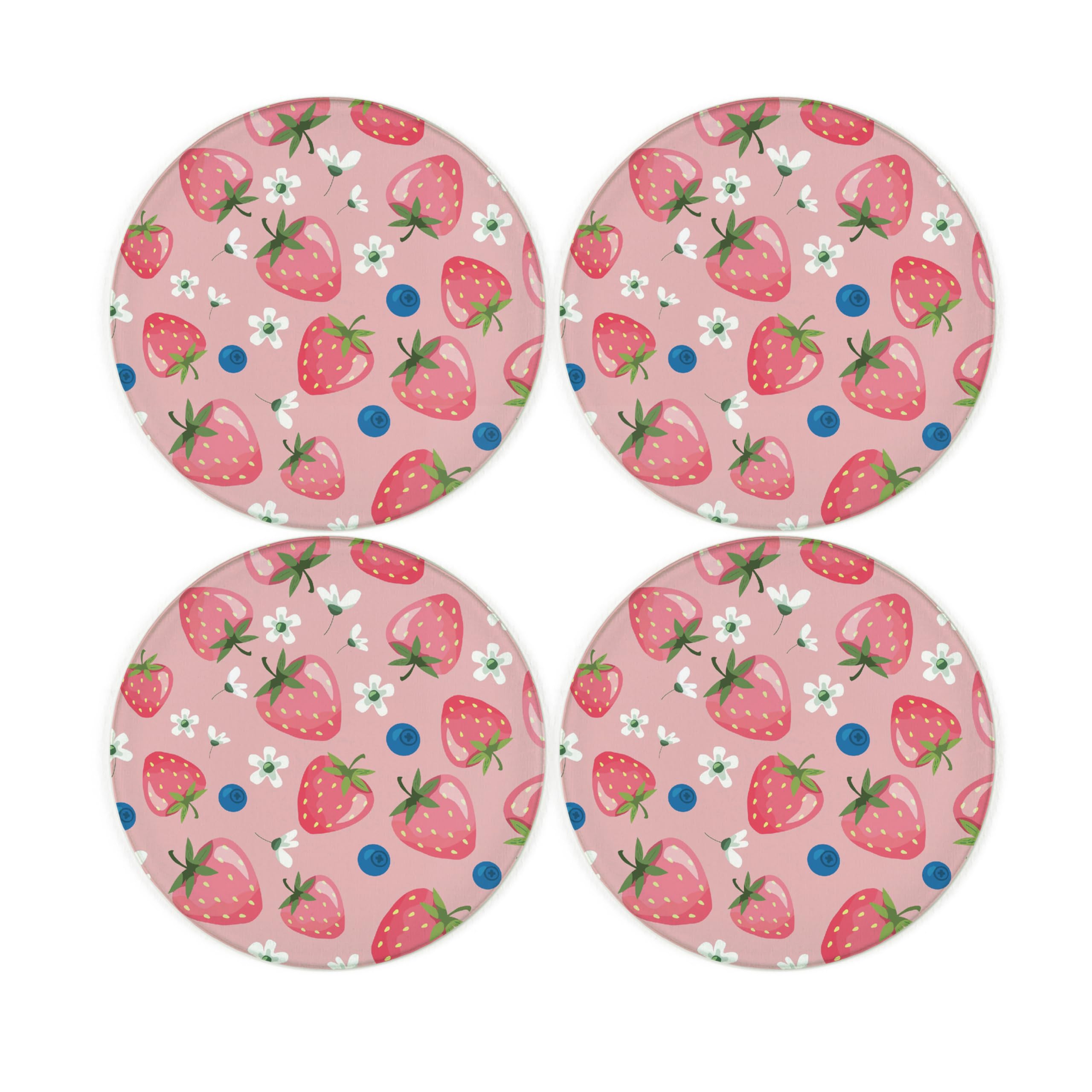Strawberries Coaster Set - Round Glass Colourful Berries Flowers Design Gift - Set of Four (4) Drinks Coasters