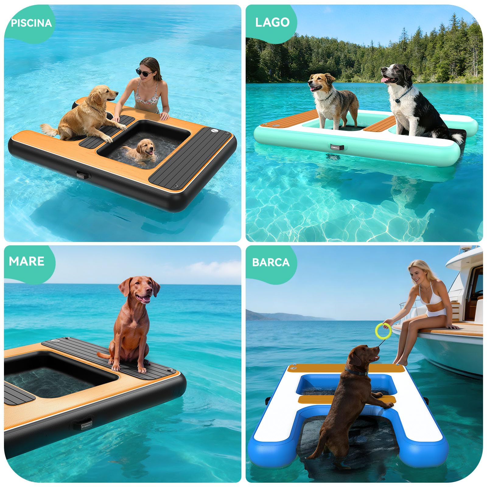 Rampa per Cani per Accesso all'Acqua Ottimizzata 170 x 120 cm, 2 in 1 Piattaforma Acquatica Gonfiabile per Cani, Portata Fino a 150 kg, Adatta per Pontili, Barche e Piscine
