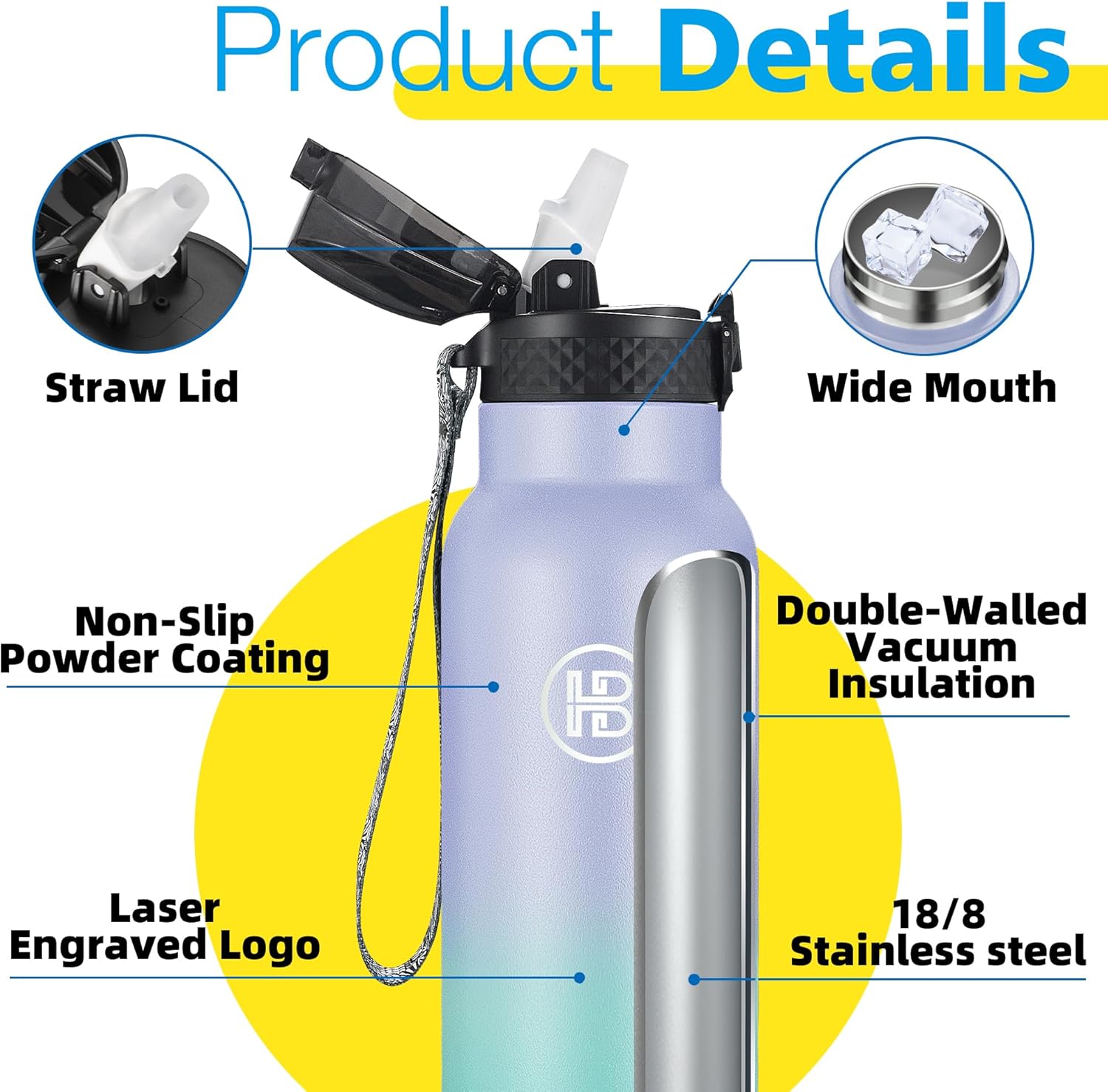 Han's Bottle Sports Water Bottle - 32 Oz, Straw Lid, Leak Proof, Vacuum Insulated Stainless Steel, Double Walled, Thermo Mug,Lilac green - Image 5