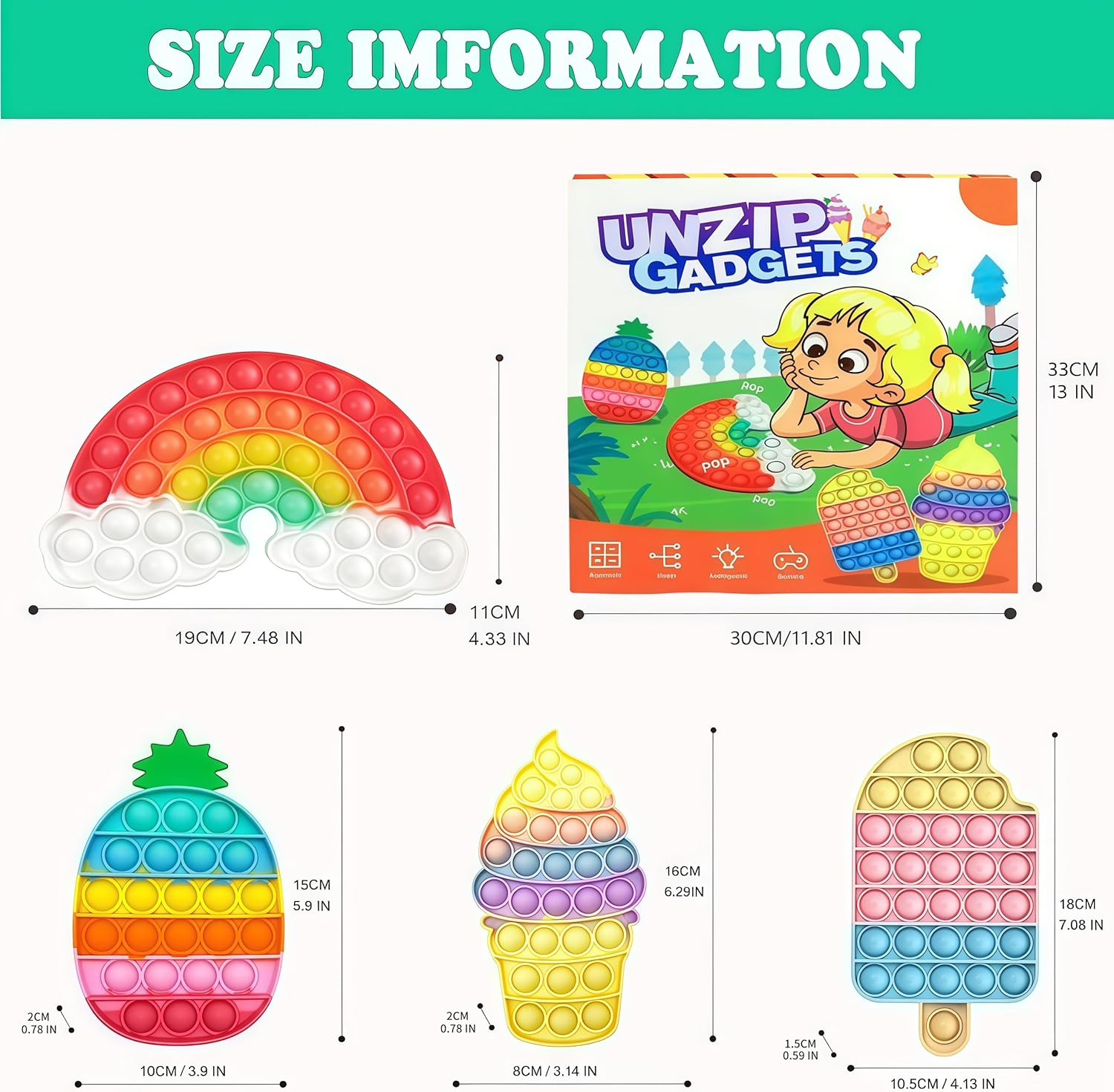 4 Pcs Fidget Toys, Rainbow Push Bubble Fidget Toys Ice Cream Toy Pineapple Squeeze Toys Set for ADHD Autism Stress Relief Toy Gift - Image 2