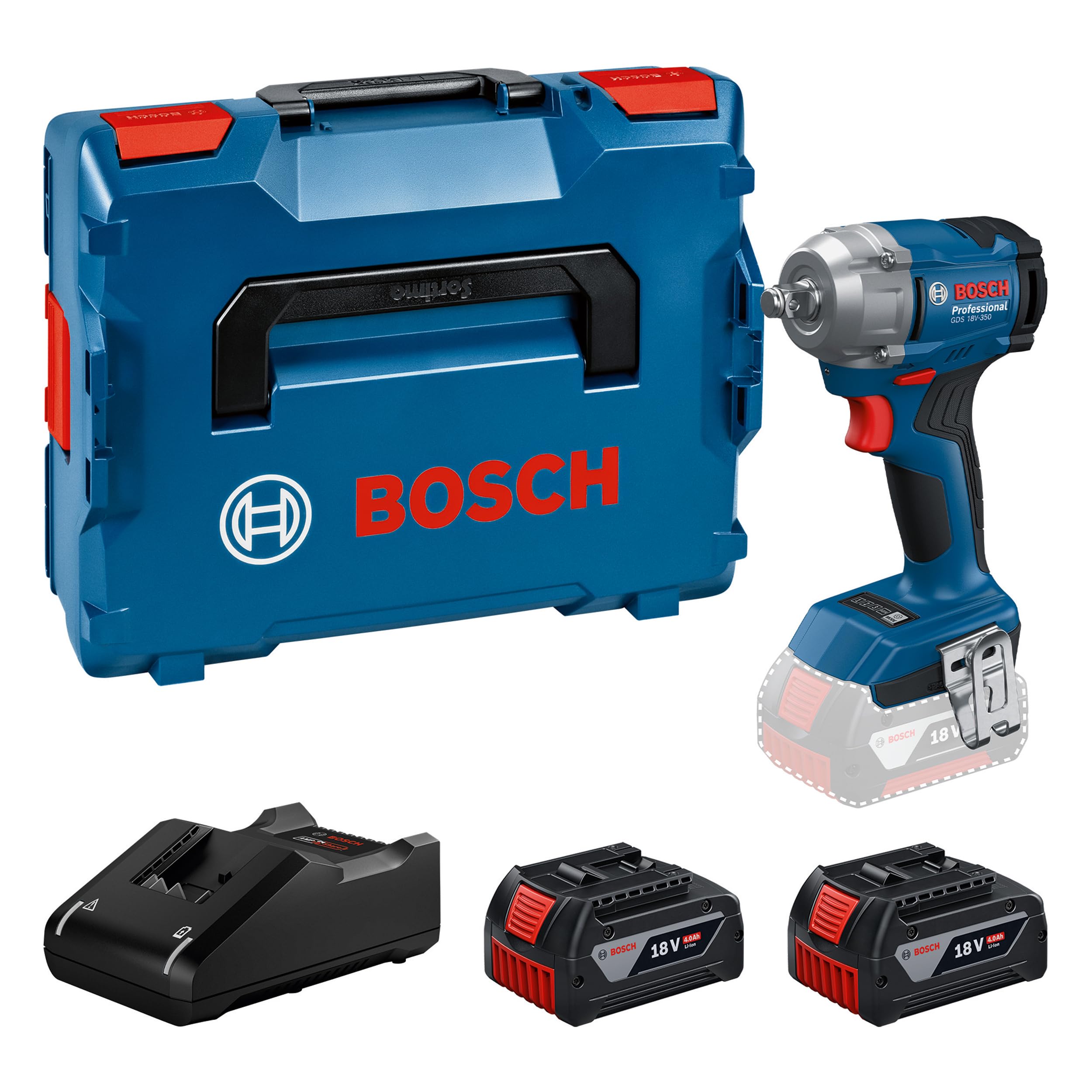 Bosch Professional 18V System Avvitatore a massa battente a batteria GDS 18V-350 (kit con 2 batterie 4.0 Ah + GAL 1840, L-BOXX)