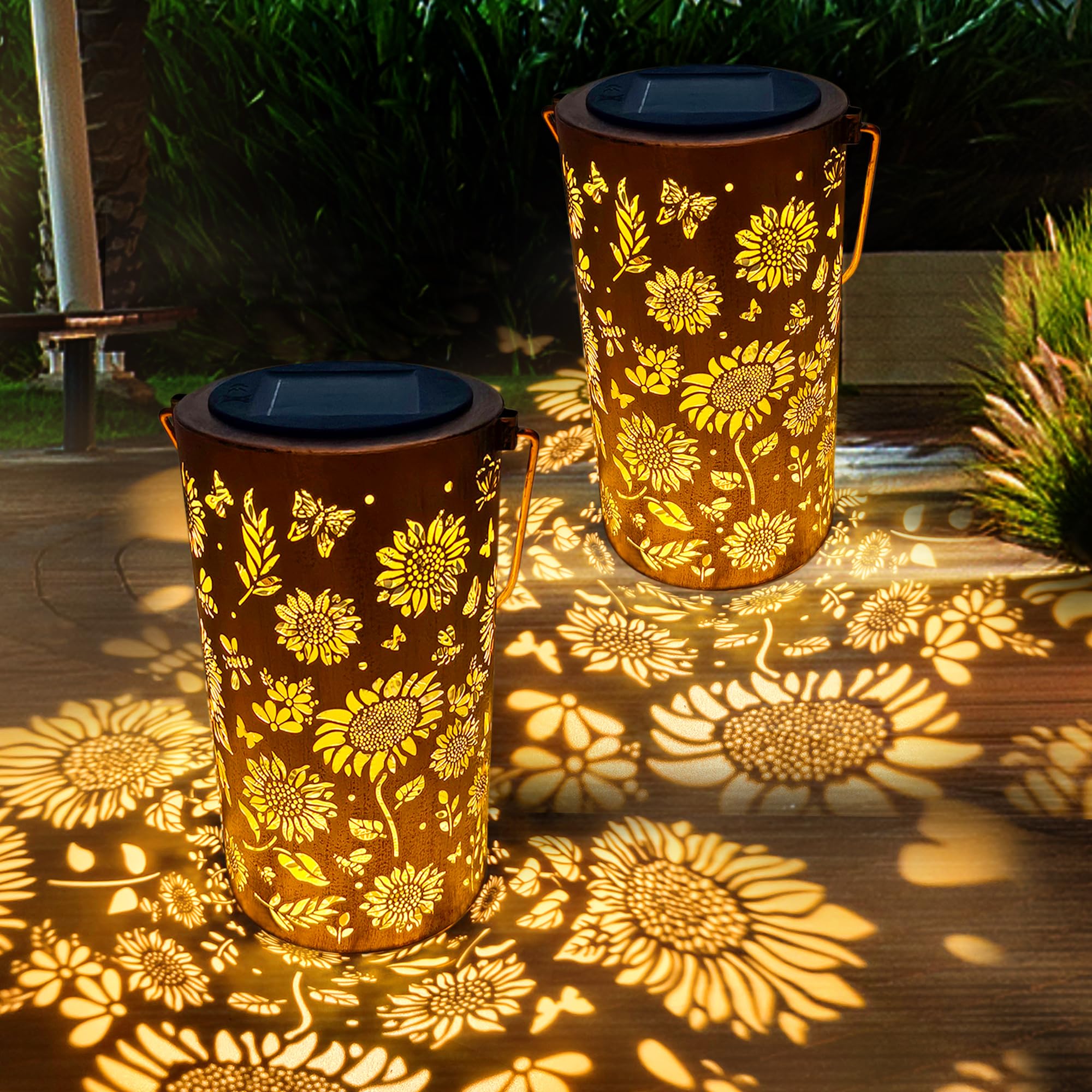 2Pack Solar Lanterns Outdoor, Waterproof Hanging Solar Lantern Garden Decor, Solar Lantern Lights for Backyard Porch Patio Table Yard Balcony Lawn Pathway (Sunflower)