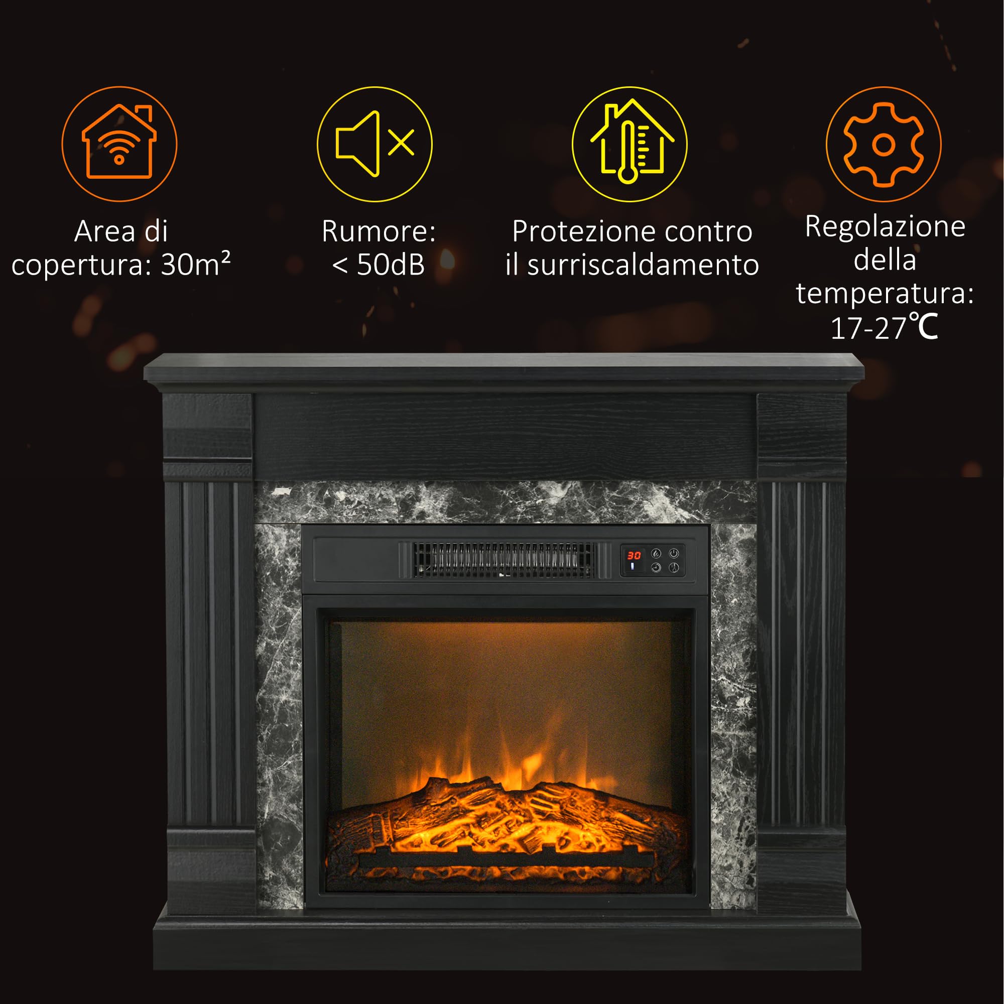 HOMCOM Camino Elettrico con Cornice Effetto Fiamma Realistico 3 Luminosità Regolabile, Stufa Silenzioso Caminetto Elettrico 1800W con Telecomando, Termostato, Timer, Riscaldamento Regolabile, Nero