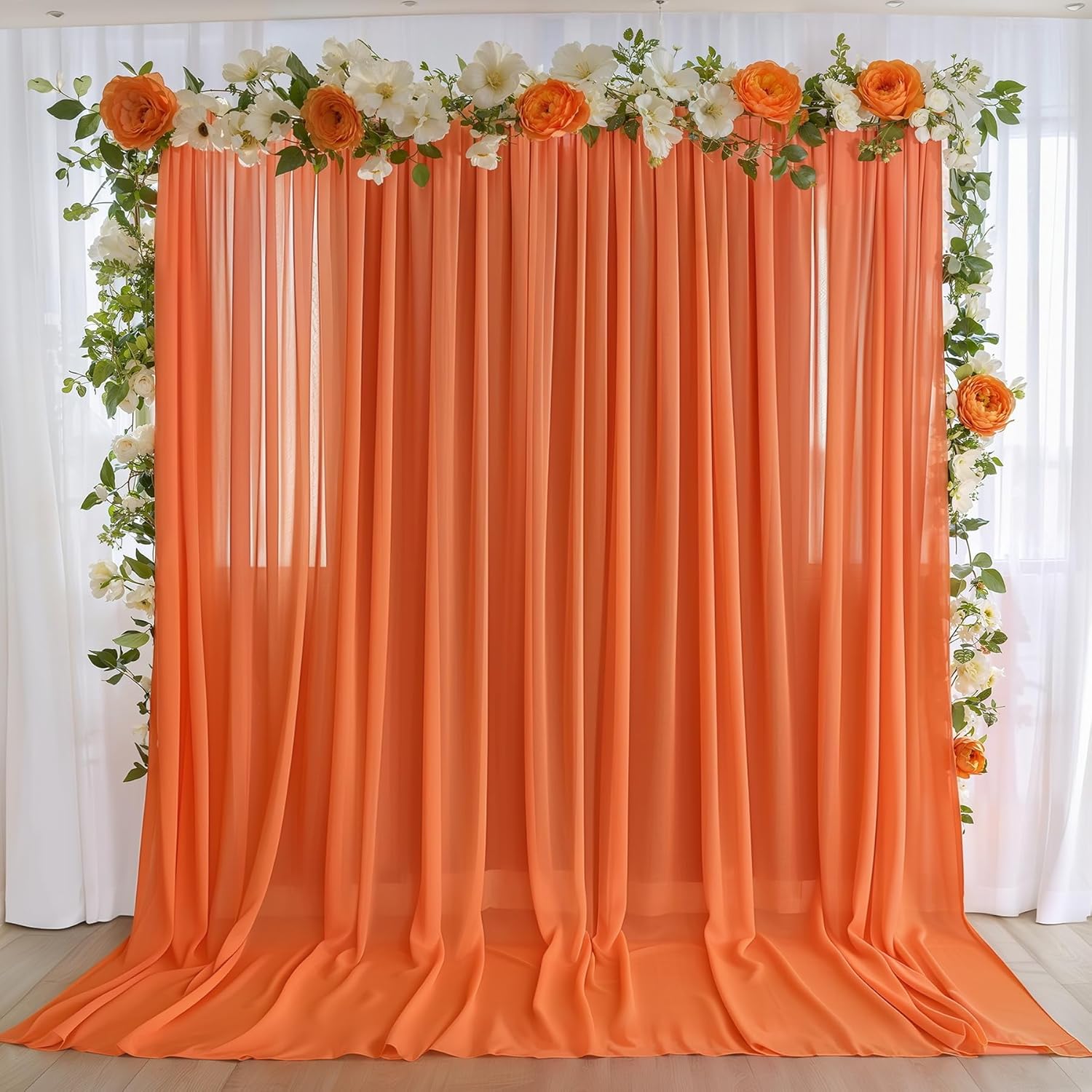 10ft x 10ft Orange Backdrop Curtains, Wrinkle-Free Sheer Chiffon Fabric Photo Backdrop Drapes for Wedding Arch Party Ceremony Stage Photography Decorations 5ft x 10ft, 2 Panels Orange