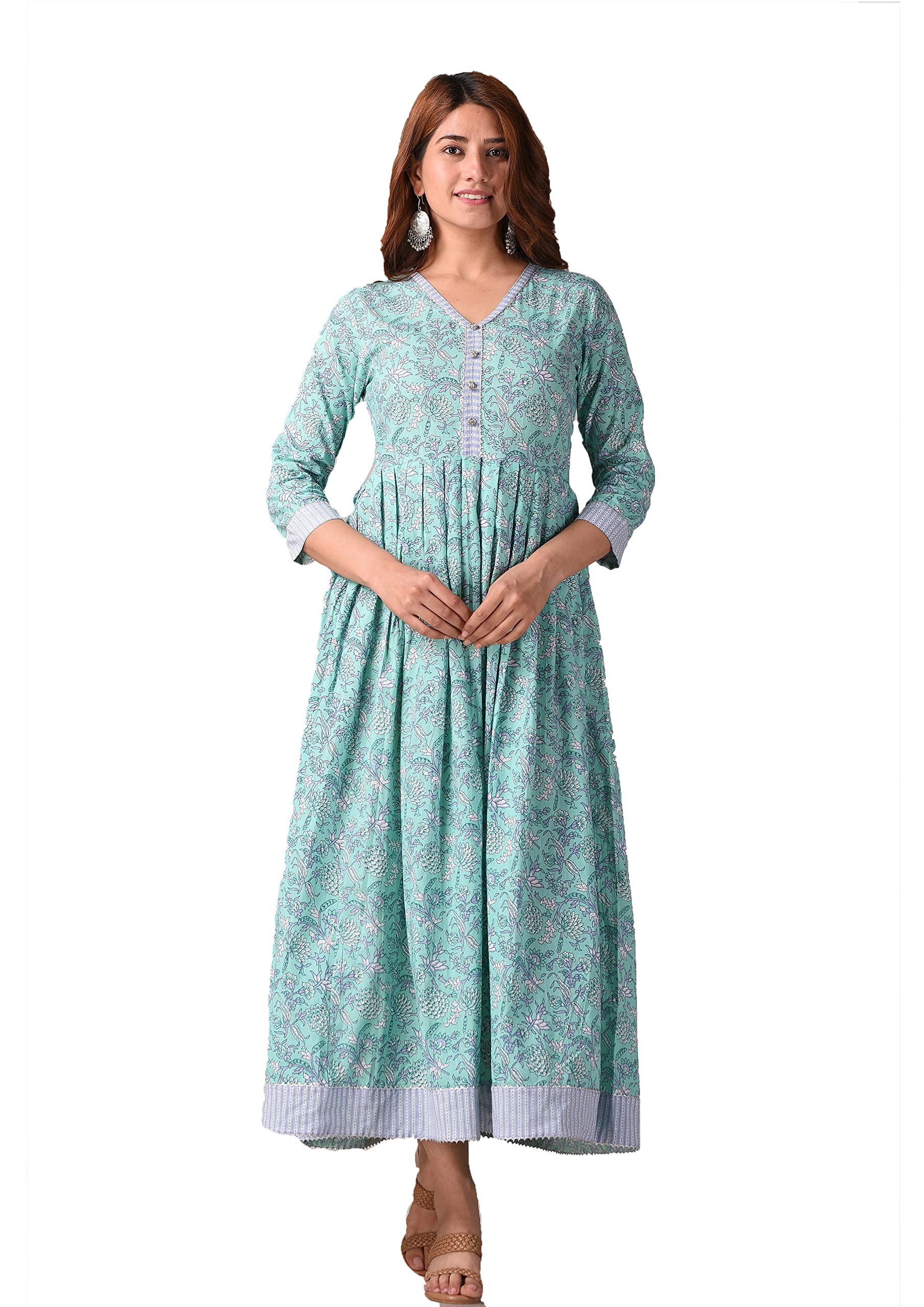 Women Floral Printed Green Gown Jaipuri Sanganeri Printed Pure Cotton Dress Casual Wear Maxi Dress (Aqua Green)-image-40