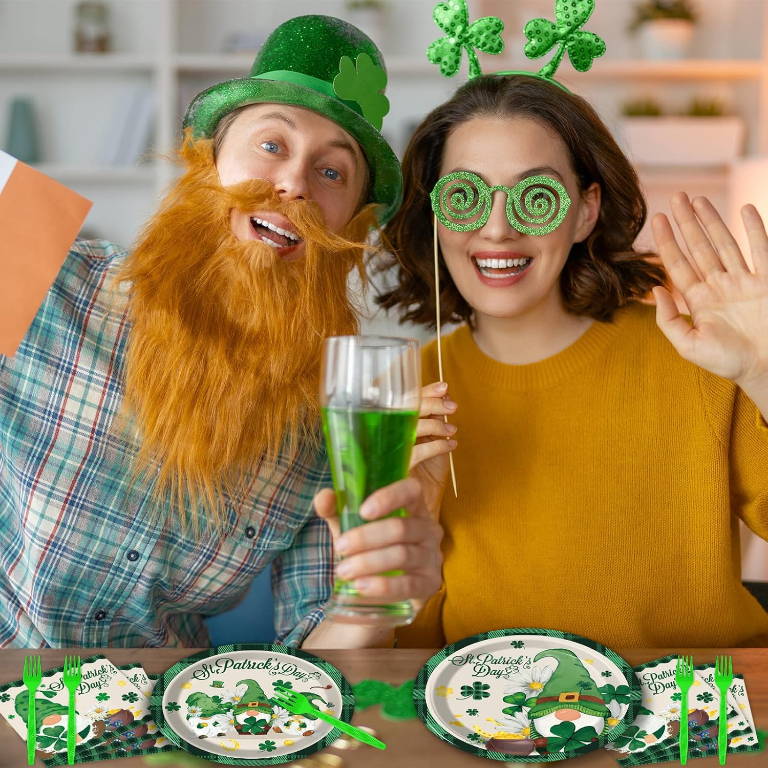 Wiooffen 96 Pcs St. Patrick’s Day Plates and Napkins Green Shamrock Gnome Lucky Tableware Set Irish Festival Party Supplies Table Decorations for 24 Guests - Image 7