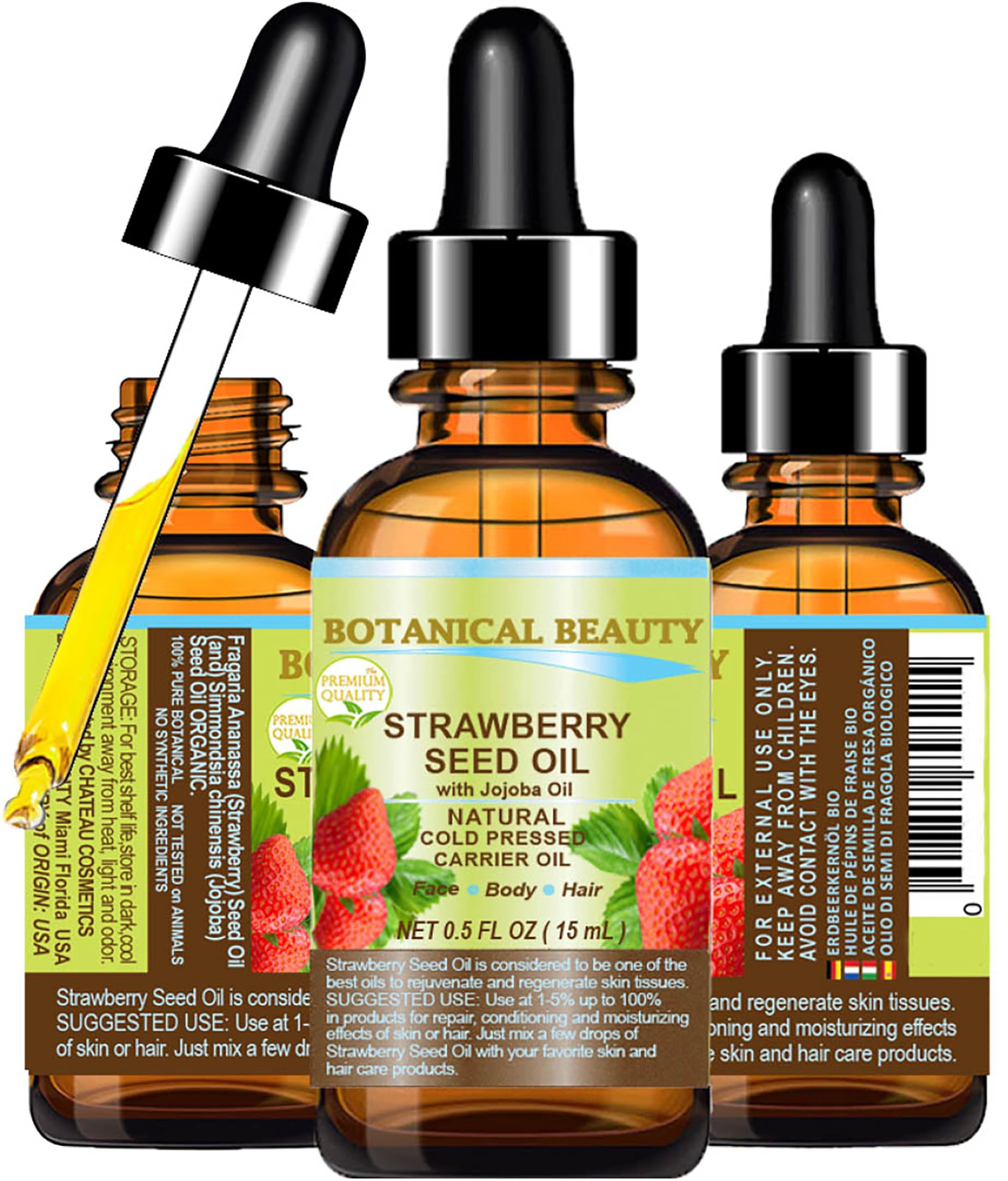 Botanical Beauty STRAWBERRY SEED OIL 100% Pure Natural Moisturizer. Cold Pressed Carrier oil. 0.5 Fl.oz.- 15 ml. For Face, Skin, Hair, Lip, Nails.