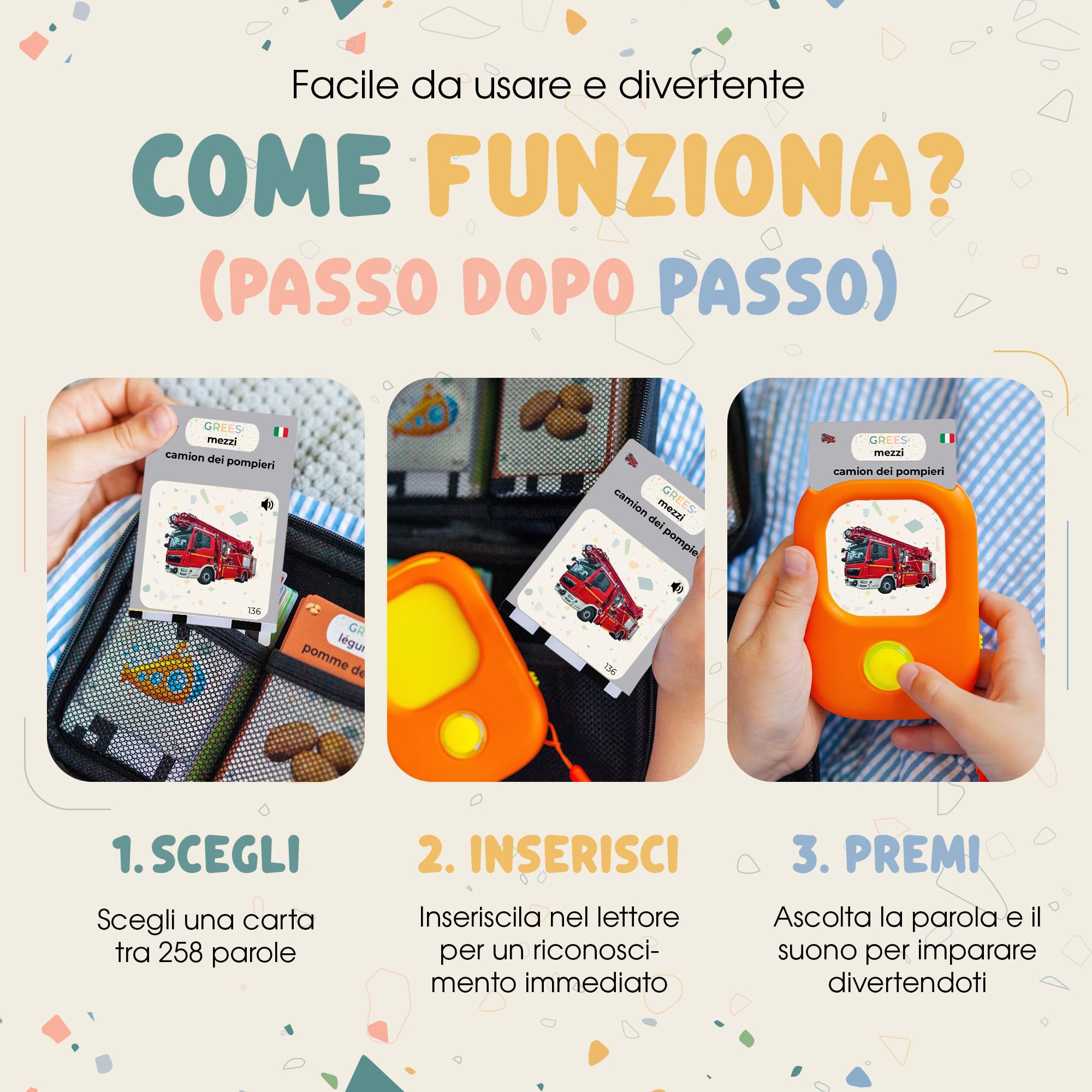 GREES Lettore Carte Educative Parlanti con Borsa | Flash Cards 258 Parole Italiano, 12 Temi | Giocattoli Montessori Senza Schermo Bambini 2-7 Anni | Linguaggio, Logopedia, Autismo | Regalo Compleanno