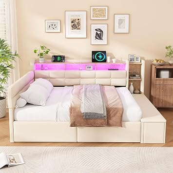 4ft6 Double Upholstered Daybed with LED, Sofa Bed with 2 Headboards